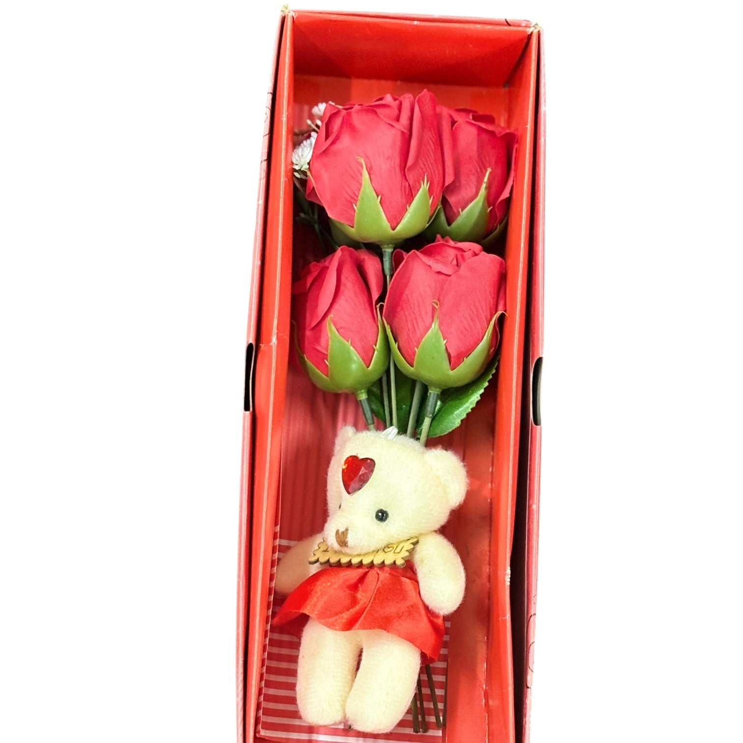 Artificial Red Rose with Teddy Bear | Valentine Gift Combo for Girlfriend, Wife & Loved Ones | Romantic Soft Toy & Rose Gift Set for Birthday & Anniversary - 11 Inch - Apkamart