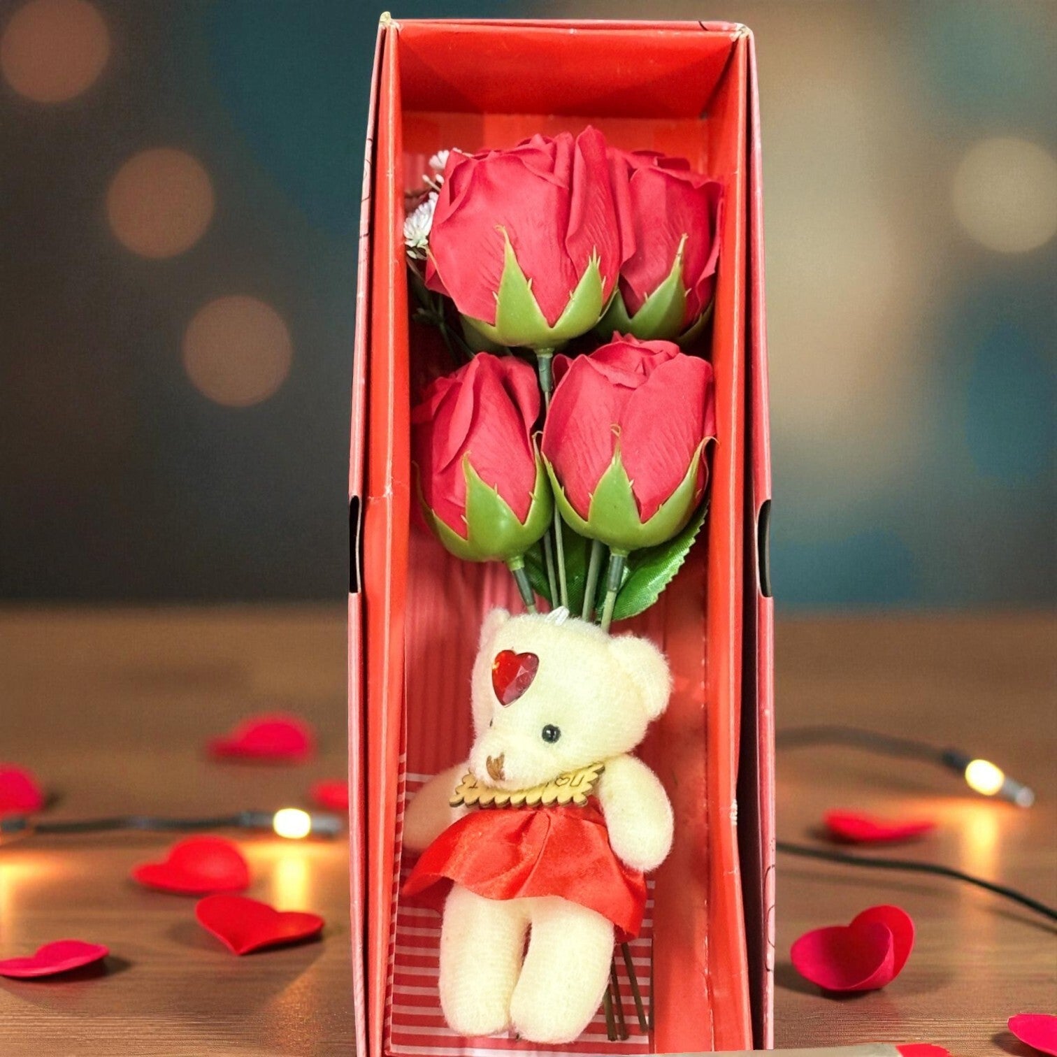 Artificial Red Rose with Teddy Bear | Valentine Gift Combo for Girlfriend, Wife & Loved Ones | Romantic Soft Toy & Rose Gift Set for Birthday & Anniversary - 11 Inch - Apkamart