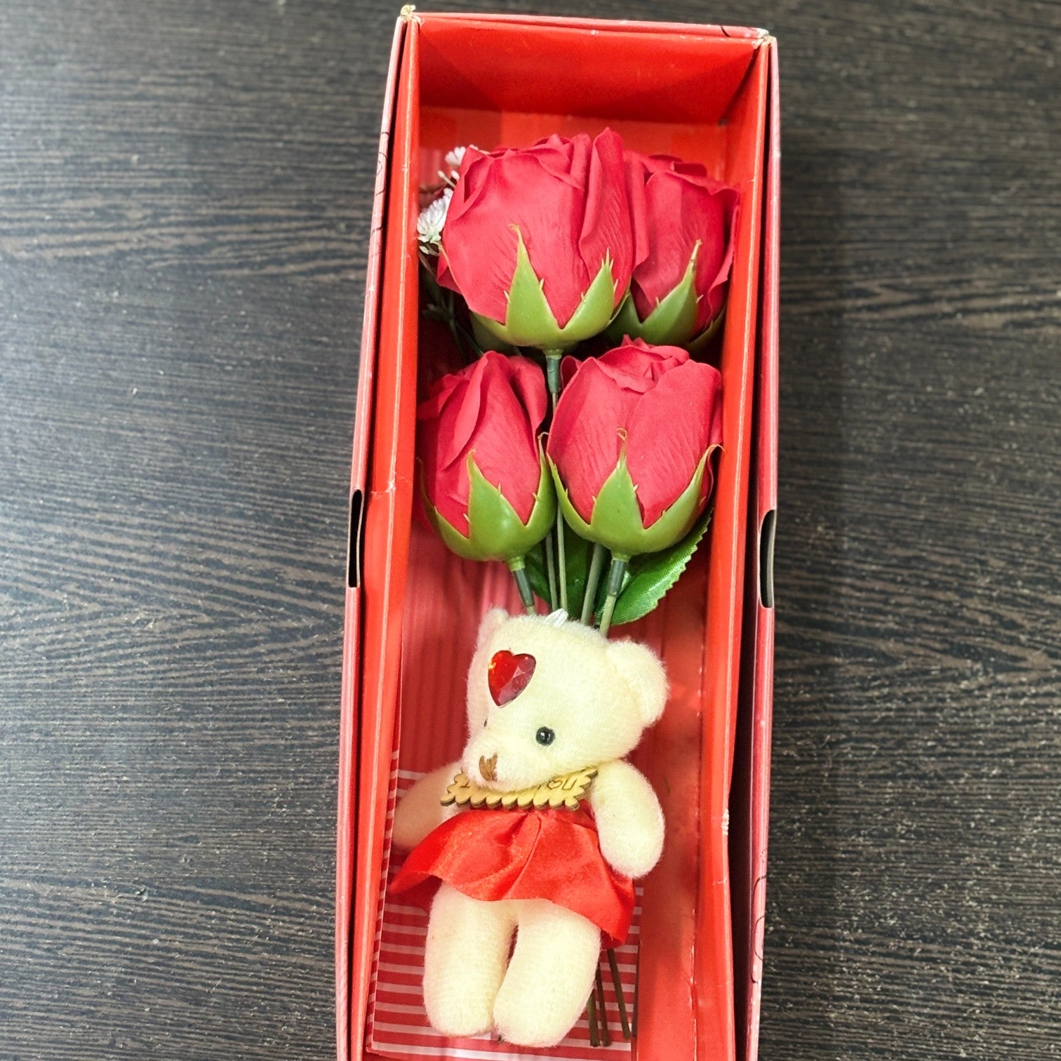 Artificial Red Rose with Teddy Bear | Valentine Gift Combo for Girlfriend, Wife & Loved Ones | Romantic Soft Toy & Rose Gift Set for Birthday & Anniversary - 11 Inch - Apkamart