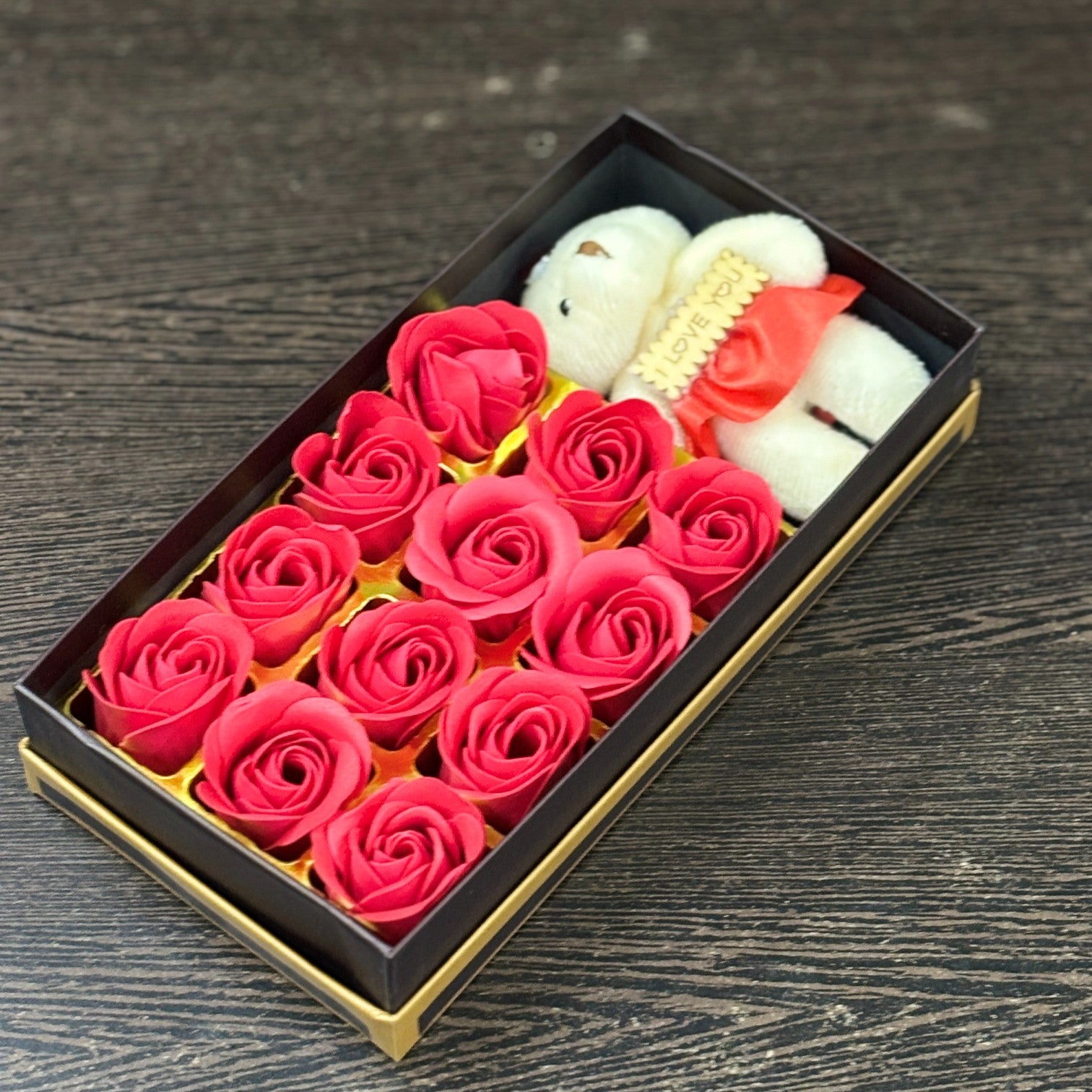 Artificial Red Roses with Teddy Bear | Valentine Gift Combo for Girlfriend, Wife & Loved Ones | Romantic Soft Toy & Rose Gift Set for Birthday - 9 Inch