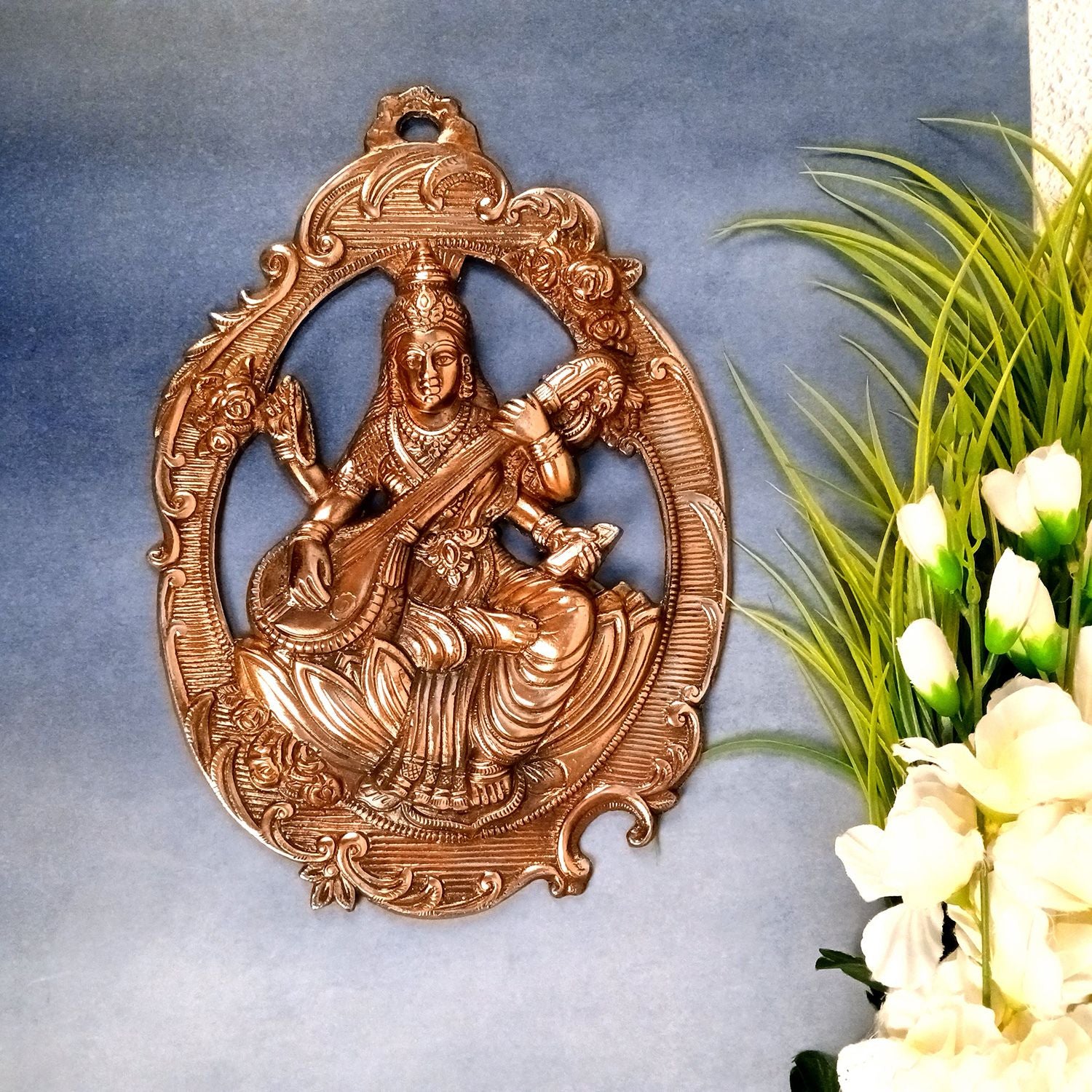 Saraswati Idol Wall Hanging | Goddess Sarasvati Playing Veena Wall Statue |Religoius & Spiritual Wall Art - For Puja, Home & Entrance, Living Room & Gift - 16 Inch - Apkamart