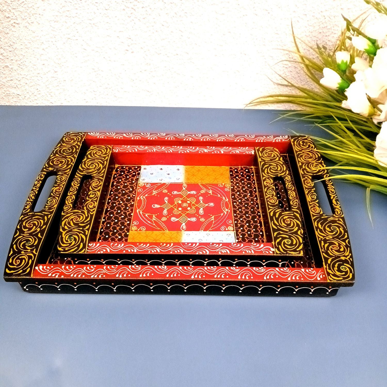Tray Wooden | Beautifully Hand Painted Tea & Snacks Serving Platter | Decorative Trays - for Home, Dining Table, Kitchen Decor | Wedding & Housewarming Gift - 17 Inch (Pack of 2) - Apkamart 