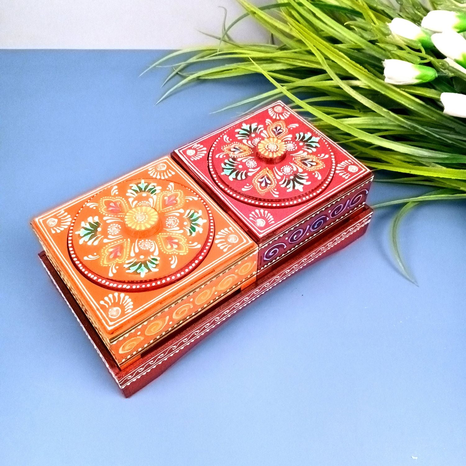 Wooden Tray with Two Steel Bowls & Lid | Snack & Dry Fruit Serving Tray - for Home, Dining Table, Kitchen Decor | Wedding & Housewarming Gift - 9 Inch - Apkamart