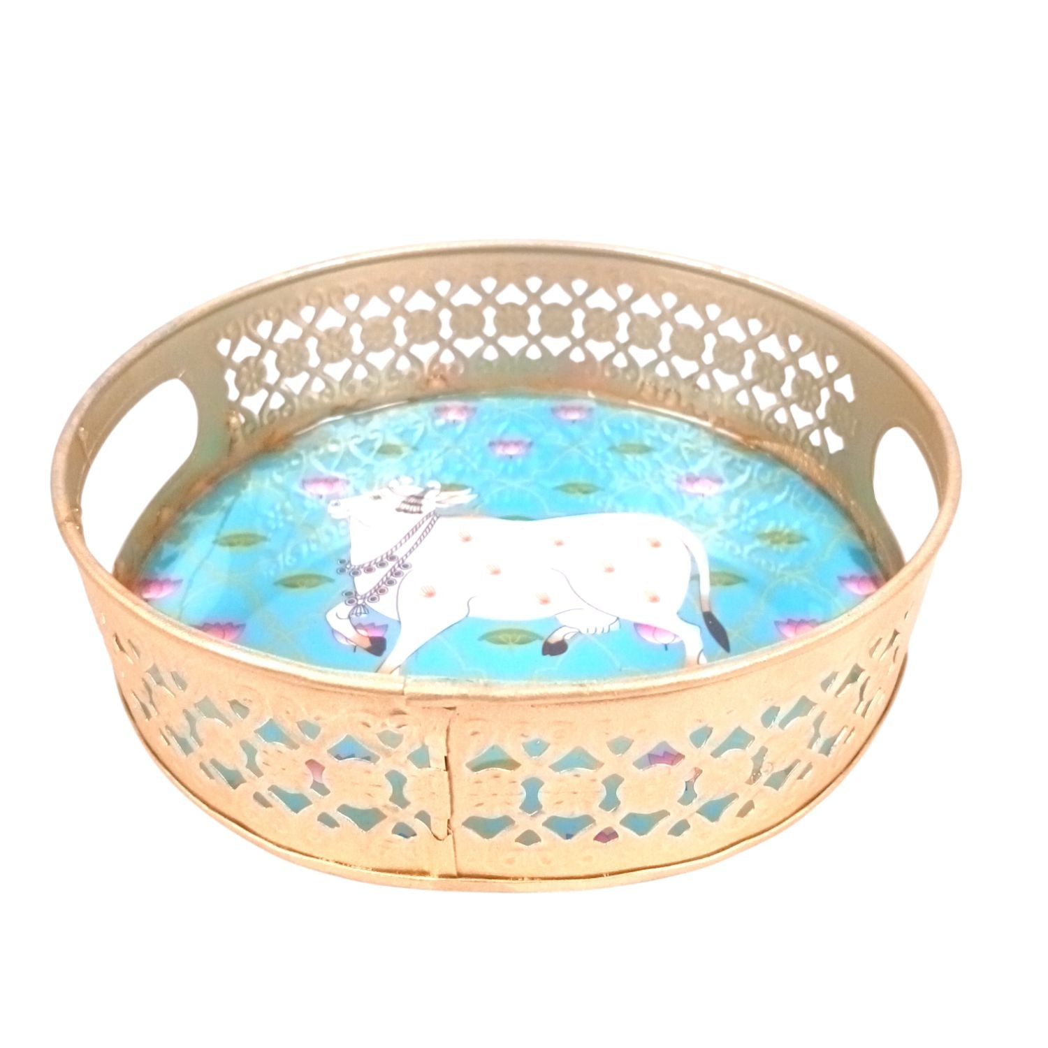 Pichwai Art Round Metal Serving Tray - 8 Inch& Gifting Use - 8 Inch - Apkamart