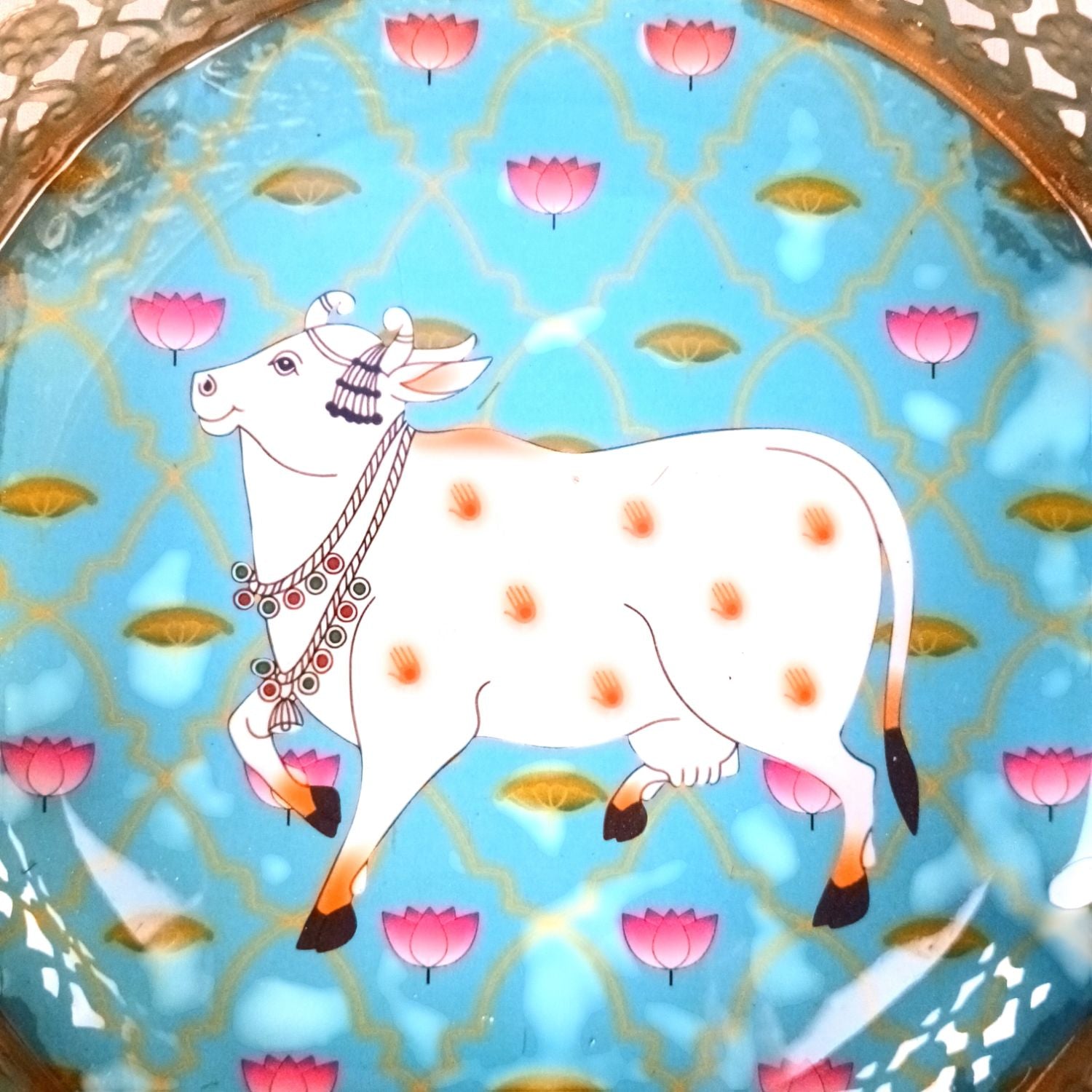 Pichwai Art Round Metal Serving Tray - 8 Inch& Gifting Use - 8 Inch - Apkamart