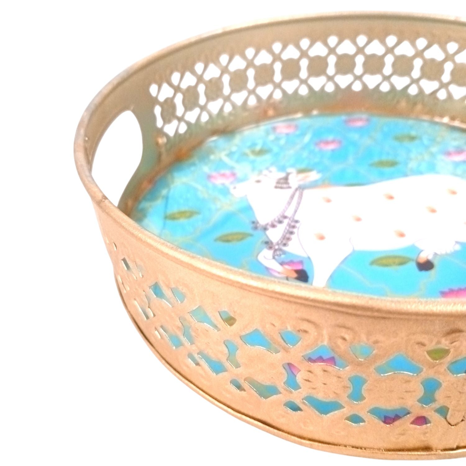 Pichwai Art Round Metal Serving Tray - 8 Inch& Gifting Use - 8 Inch - Apkamart