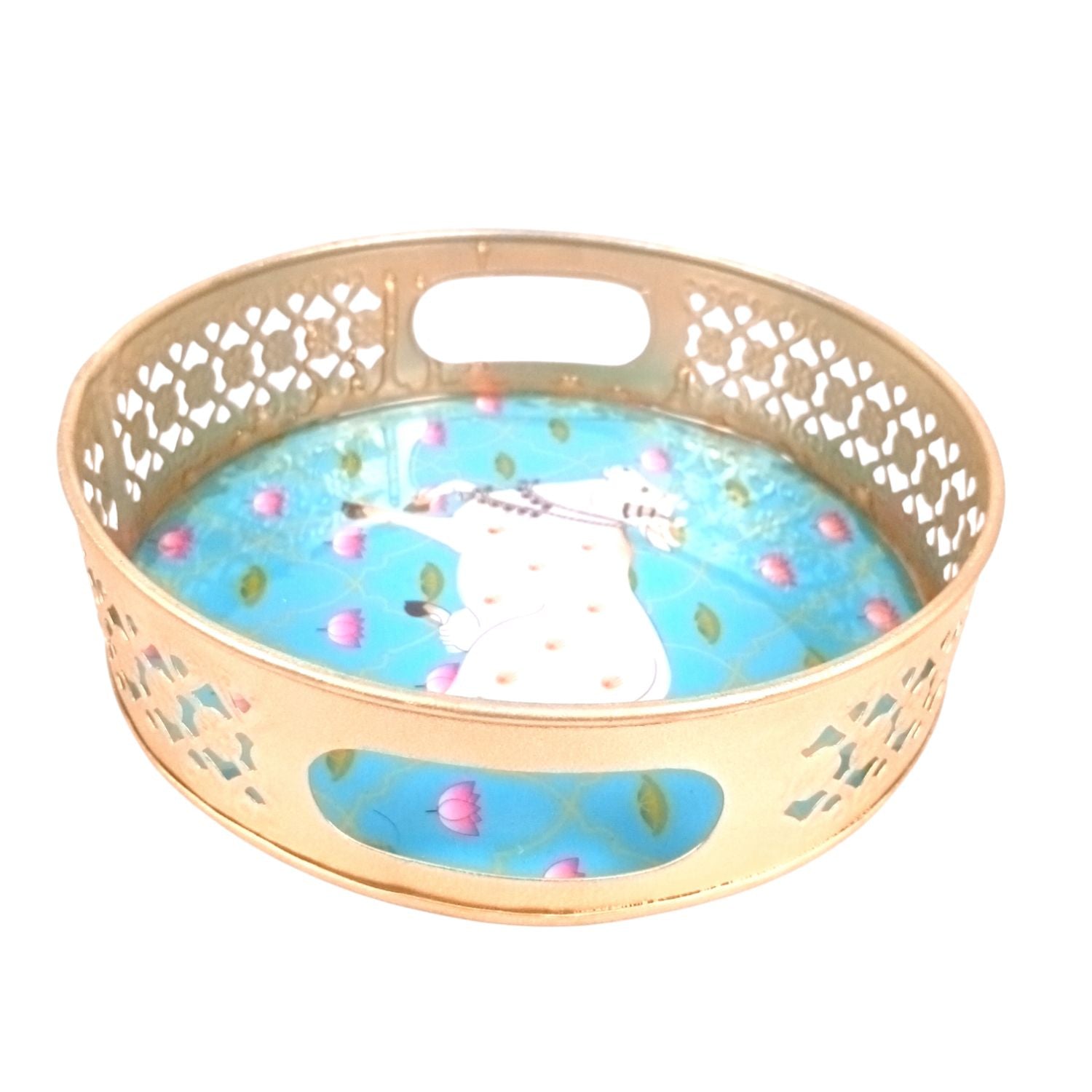 Pichwai Art Round Metal Serving Tray - 8 Inch& Gifting Use - 8 Inch - Apkamart