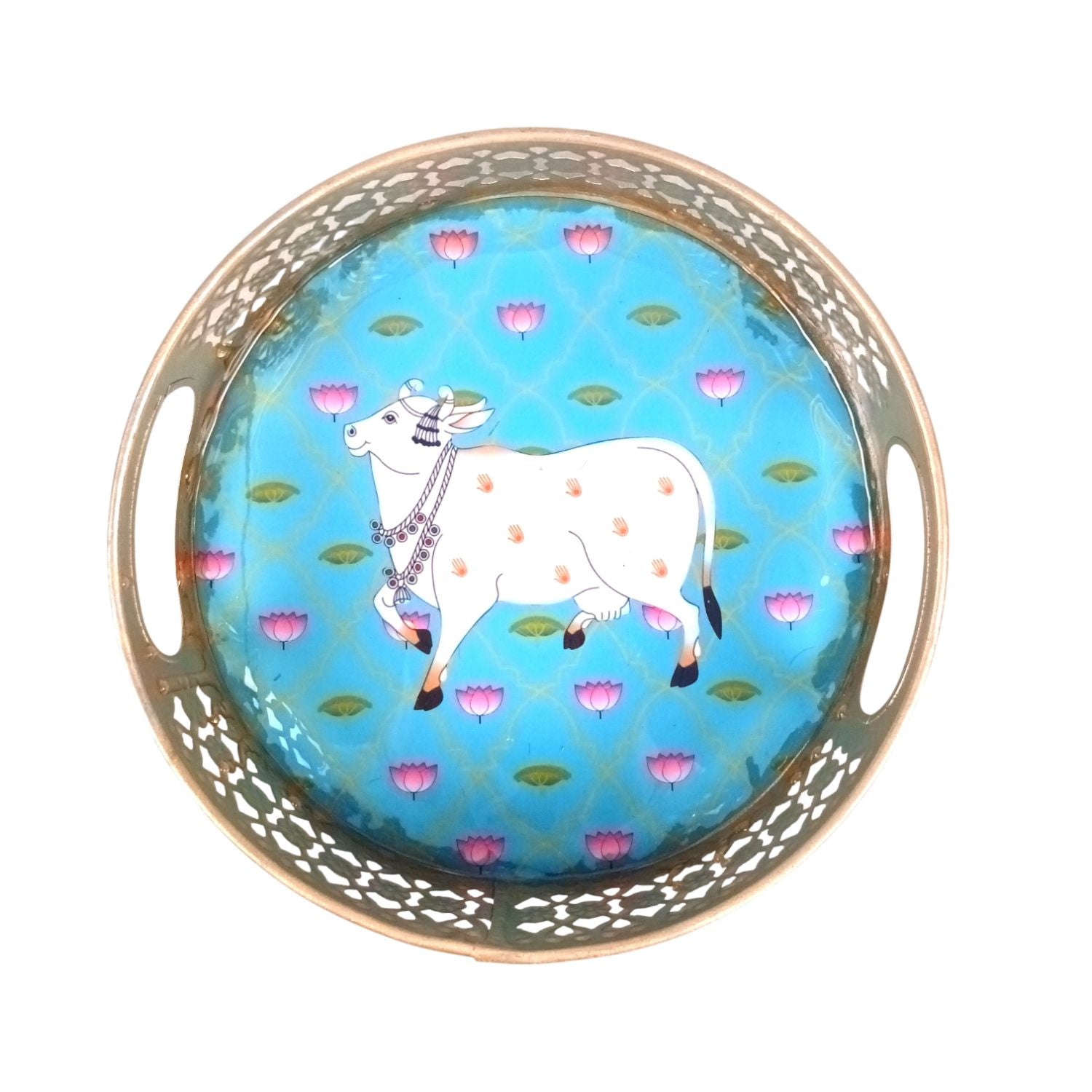 Pichwai Art Round Metal Serving Tray - 8 Inch& Gifting Use - 8 Inch - Apkamart