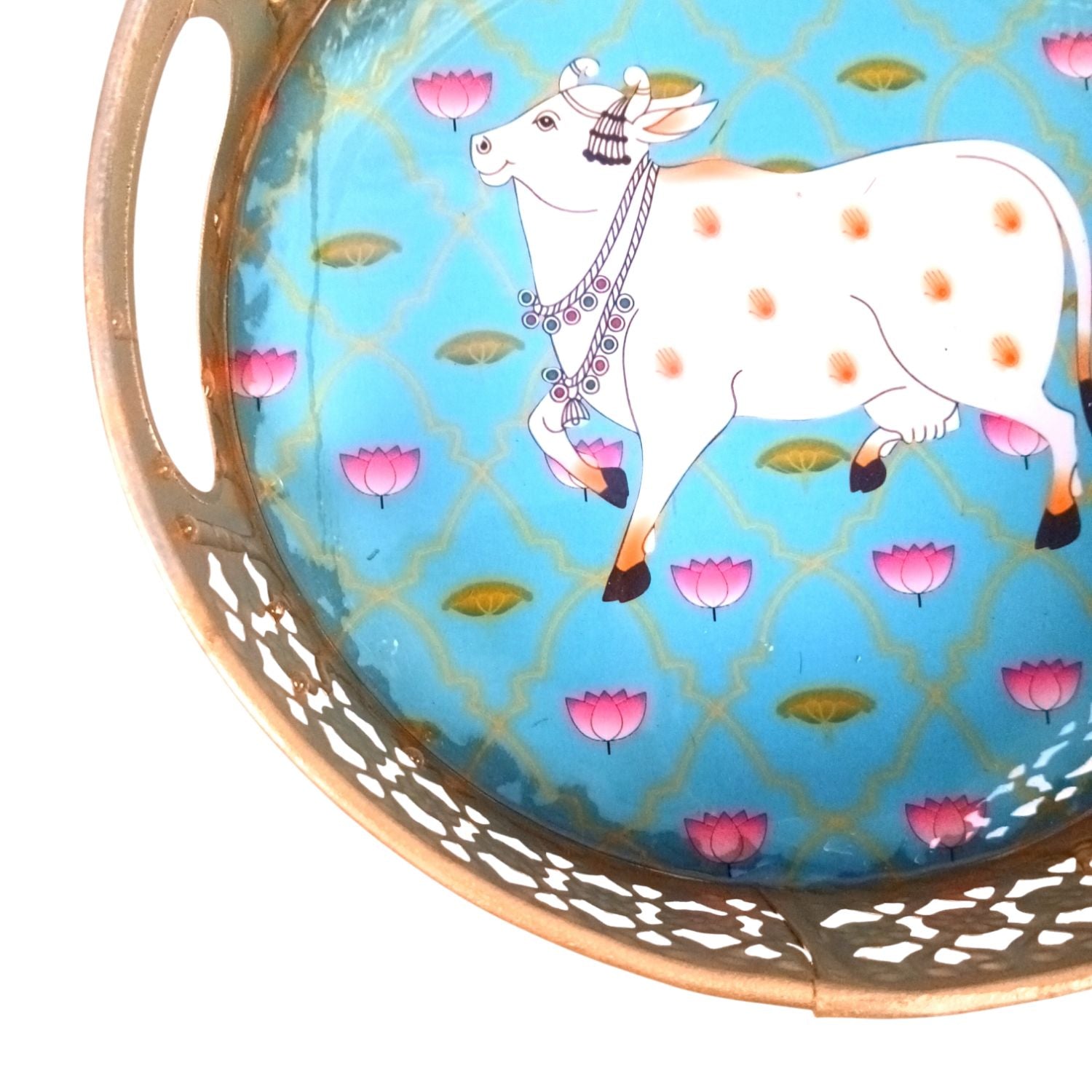 Pichwai Art Round Metal Serving Tray - 8 Inch& Gifting Use - 8 Inch - Apkamart