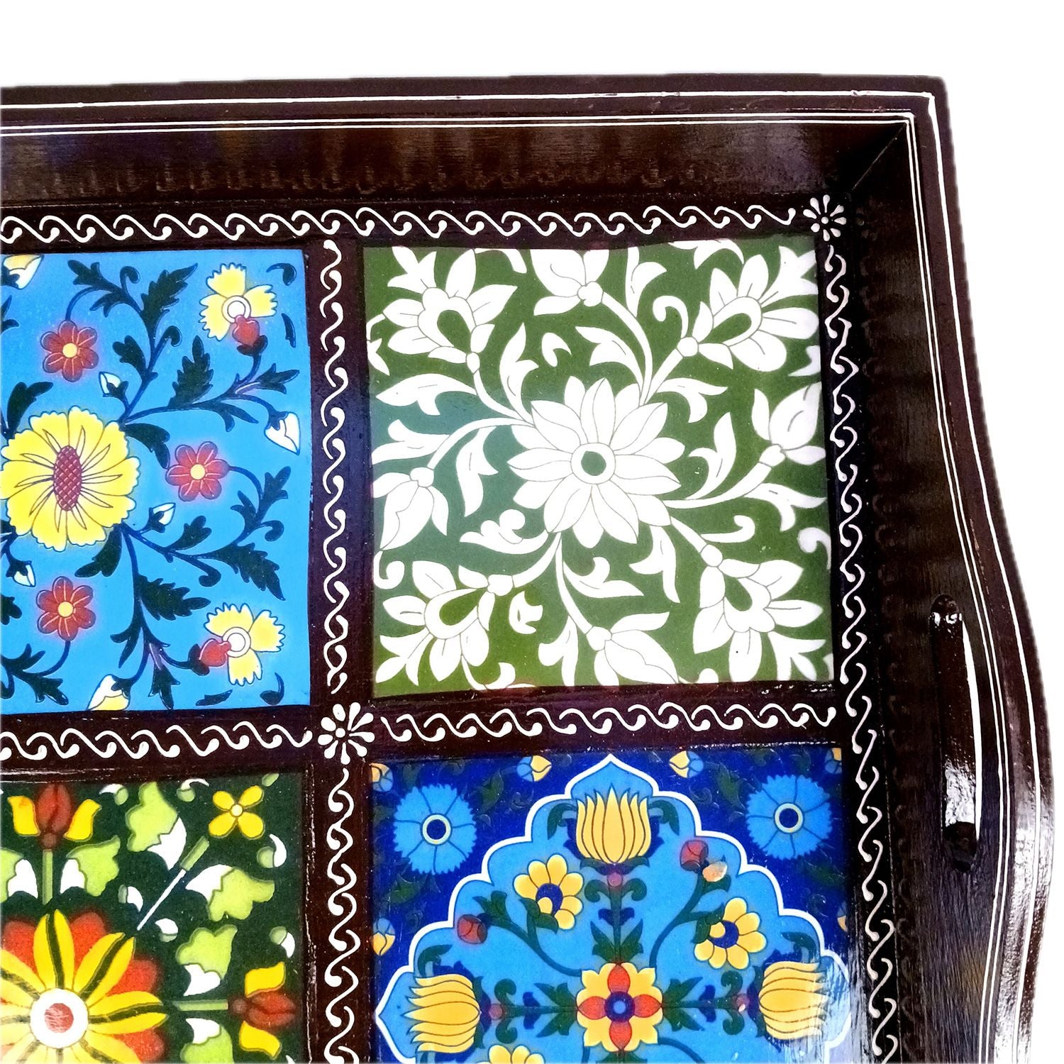 Serving Tray With Ceramic Tiles | Big Wooden Platter for Serving Whole Meal | Large Tray With Handles - for Home, Dining Table, Kitchen Decor, Restaurants, Hotels, Cafe & Gifts - 21 Inch - Apkamart #Style_Design 1