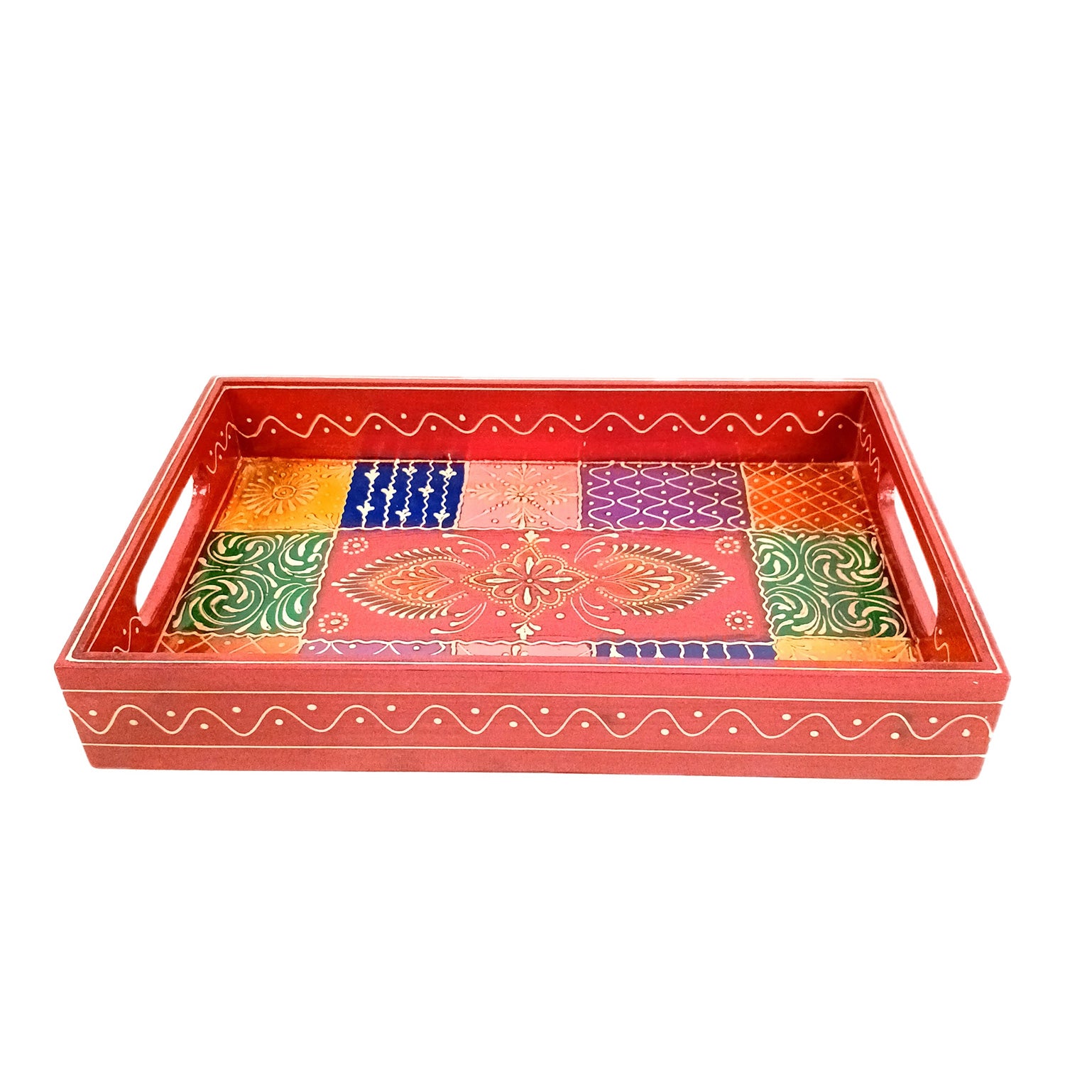 Wooden Tray Set | Serving Trays for Tea, Coffee & Snacks - for Home, Dining Table Organization, Kitchen & Gifts - Set of 3 (Wood, Multicolor) - Apkamart #Style_Design 1