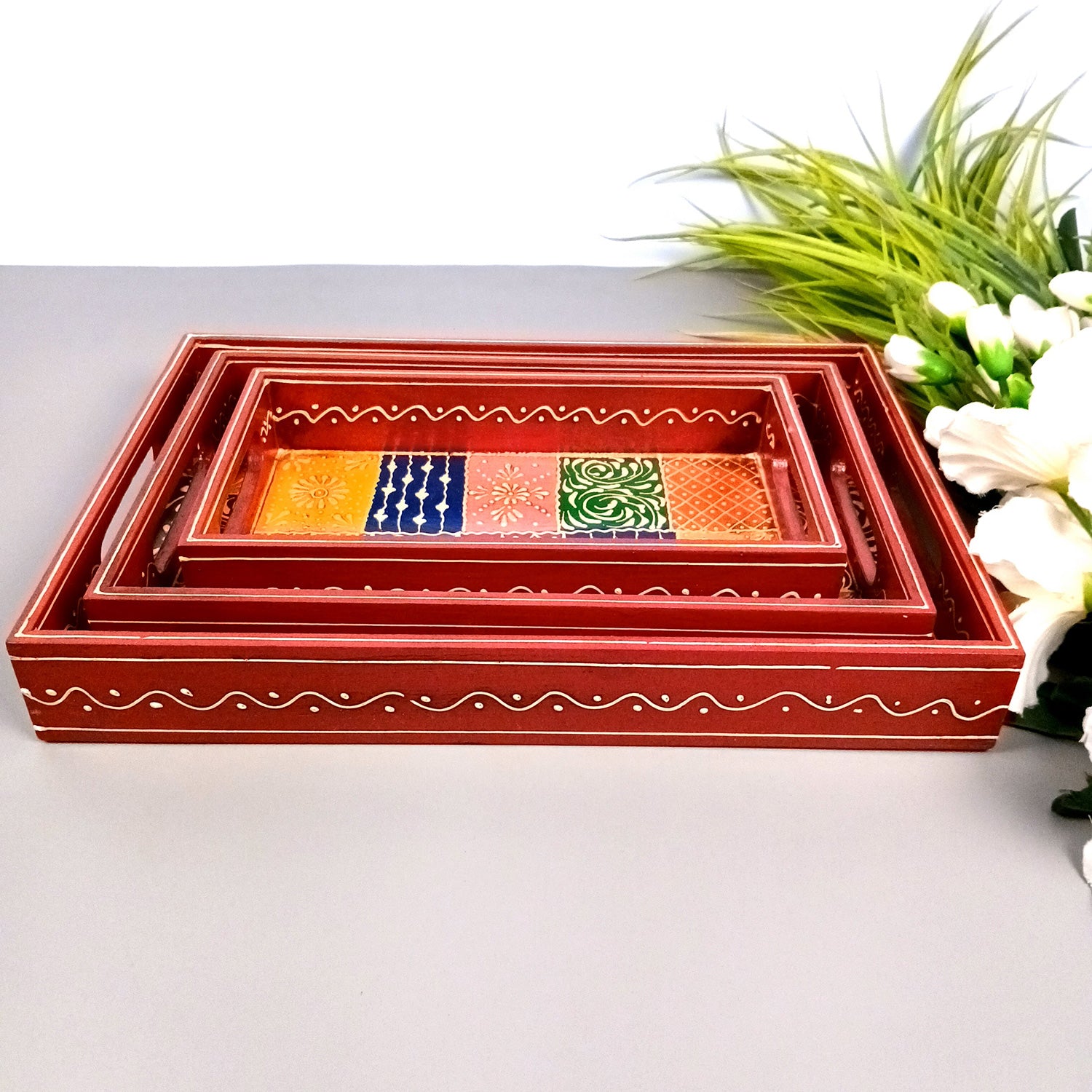 Wooden Tray Set | Serving Trays for Tea, Coffee & Snacks - for Home, Dining Table Organization, Kitchen & Gifts - Set of 3 (Wood, Multicolor) - Apkamart #Style_Design 1