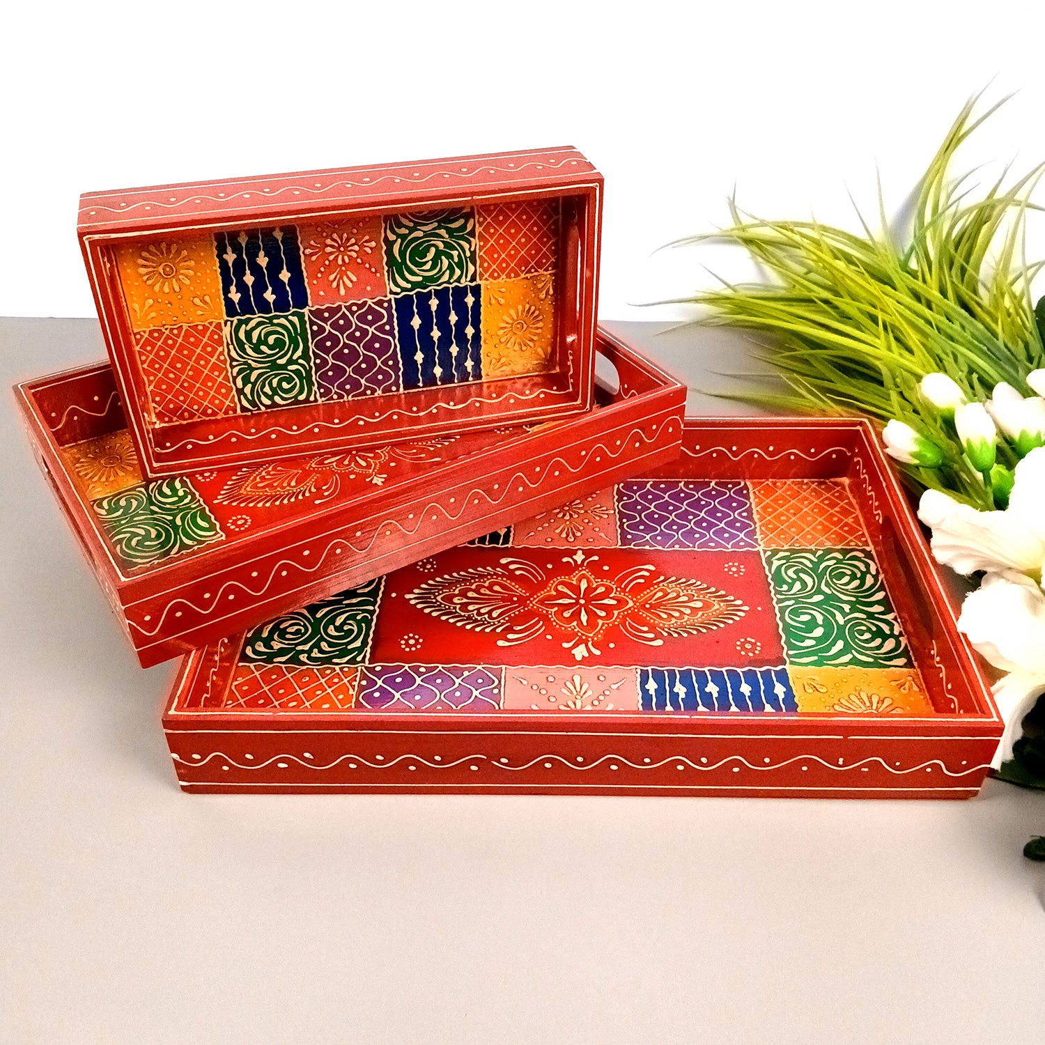 Wooden Tray Set | Serving Trays for Tea, Coffee & Snacks - for Home, Dining Table Organization, Kitchen & Gifts - Set of 3 (Wood, Multicolor) - Apkamart #Style_Design 1