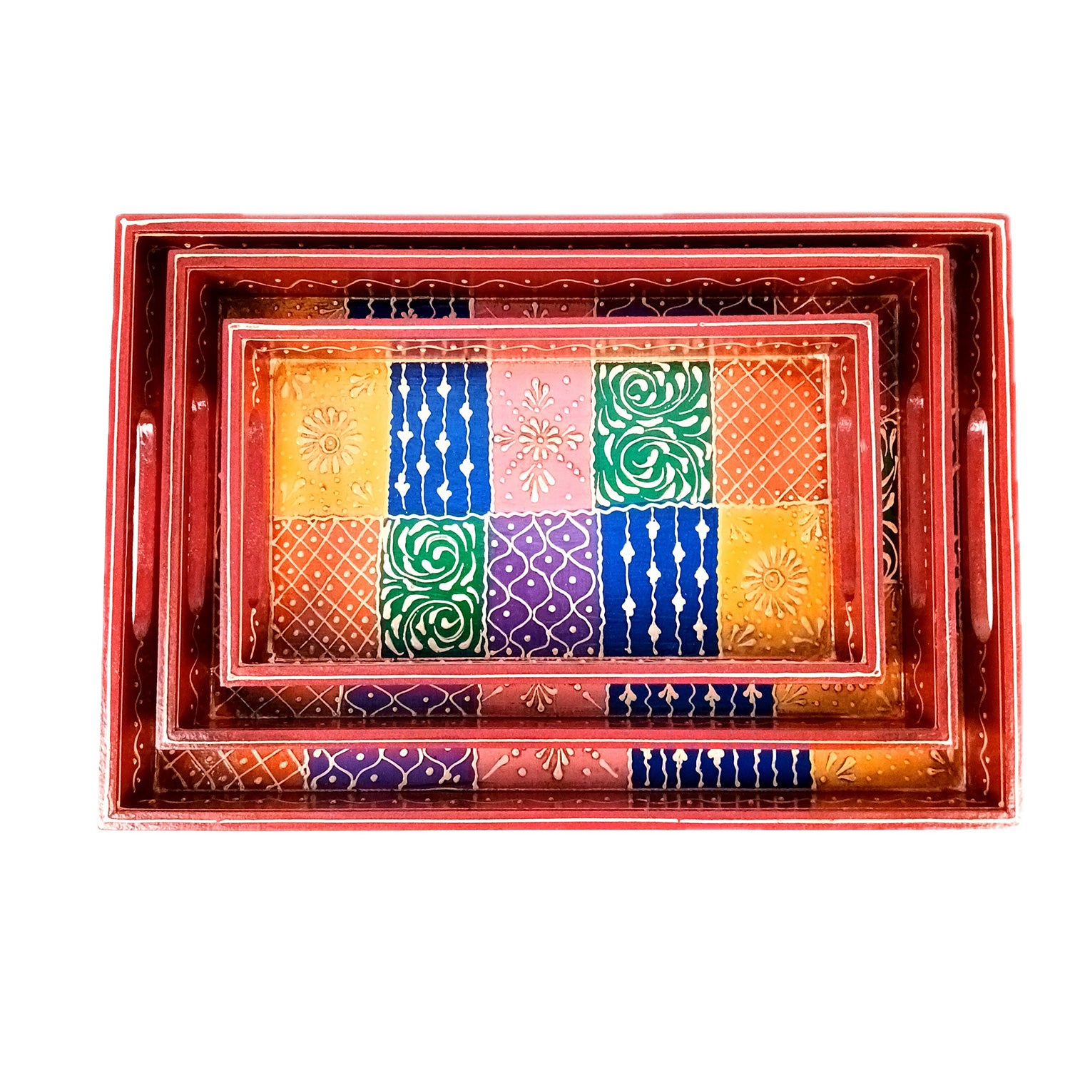 Wooden Tray Set | Serving Trays for Tea, Coffee & Snacks - for Home, Dining Table Organization, Kitchen & Gifts - Set of 3 (Wood, Multicolor) - Apkamart #Style_Design 1