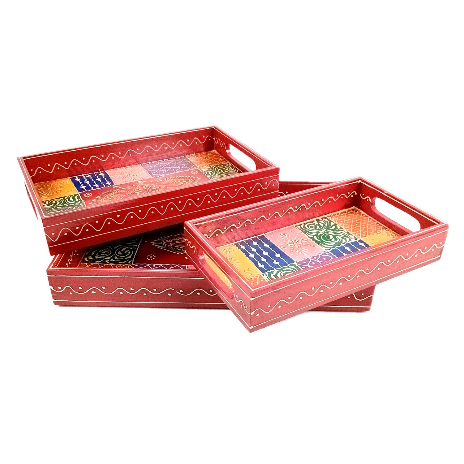 Wooden Tray Set | Serving Trays for Tea, Coffee & Snacks - for Home, Dining Table Organization, Kitchen & Gifts - Set of 3 (Wood, Multicolor) - Apkamart #Style_Design 1