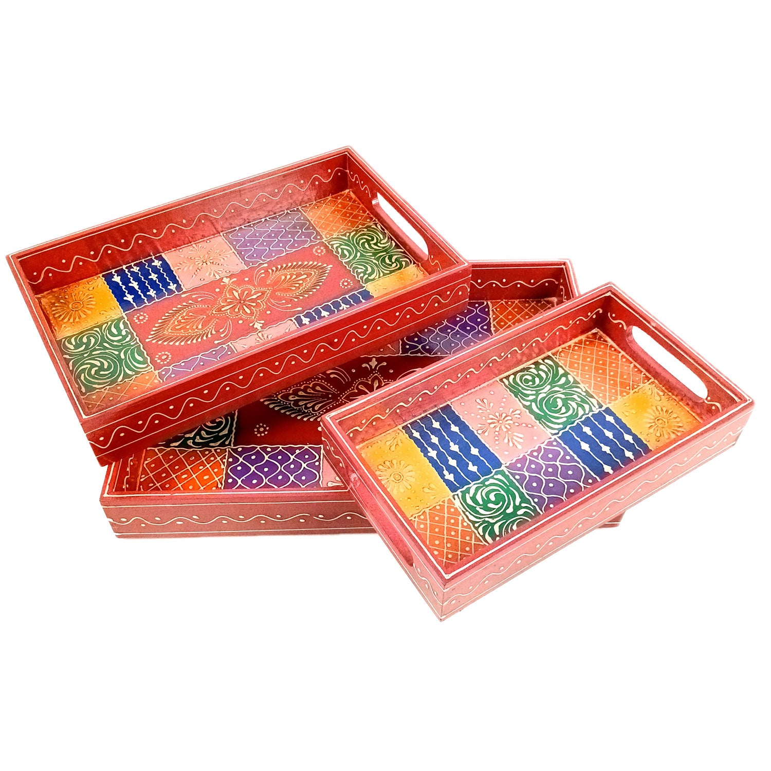 Wooden Tray Set | Serving Trays for Tea, Coffee & Snacks - for Home, Dining Table Organization, Kitchen & Gifts - Set of 3 (Wood, Multicolor) - Apkamart #Style_Design 1