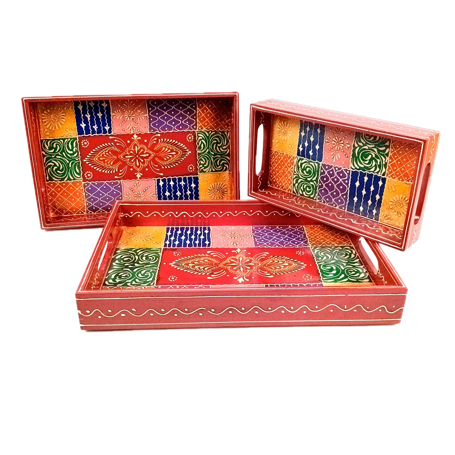 Wooden Tray Set | Serving Trays for Tea, Coffee & Snacks - for Home, Dining Table Organization, Kitchen & Gifts - Set of 3 (Wood, Multicolor) - Apkamart #Style_Design 1