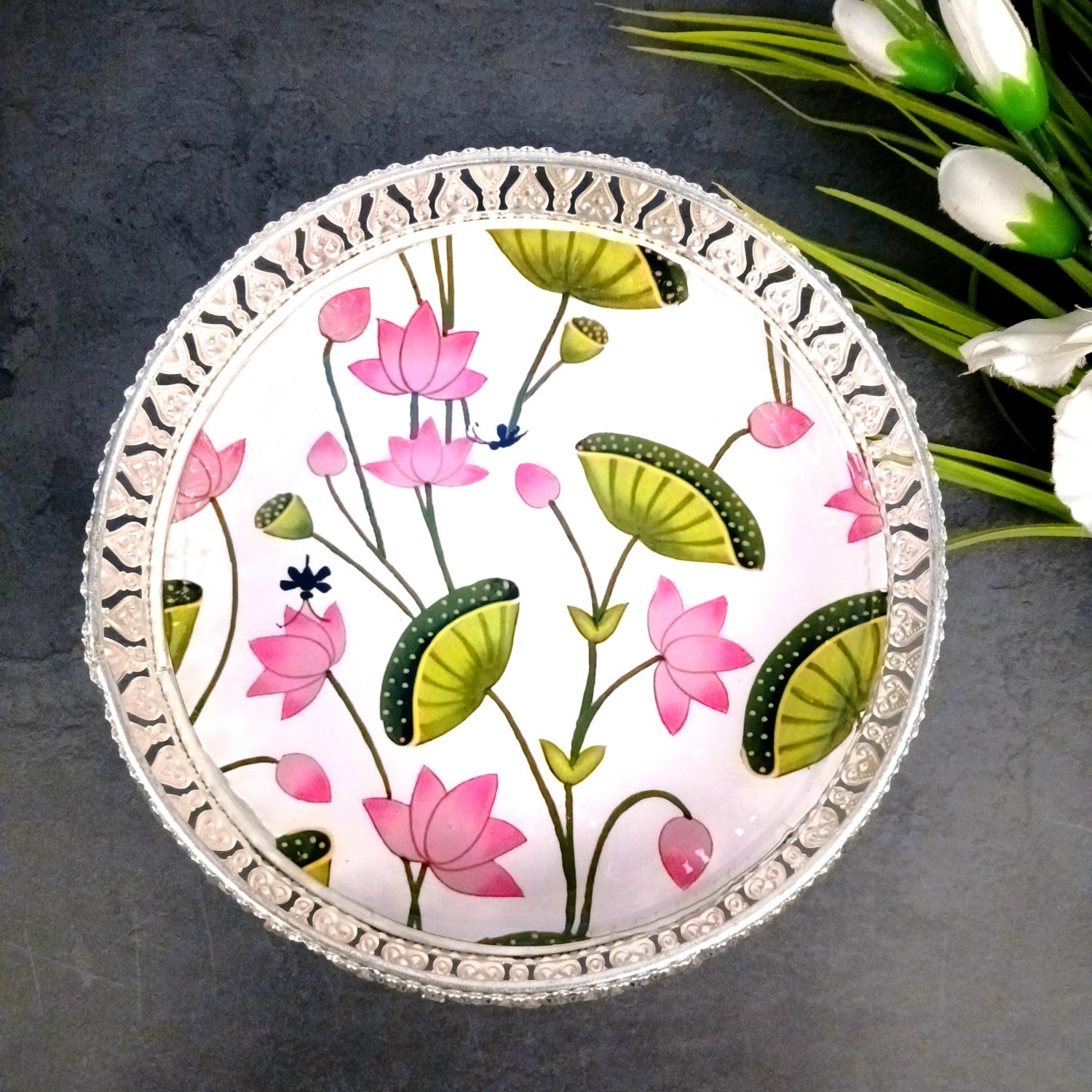 Round Serving Tray | Tray for Kitchen & Home Decor | Handcrafted Decorative Tray | Beautiful Tray for Dining & Center Table - 8 Inch - Apkamart
