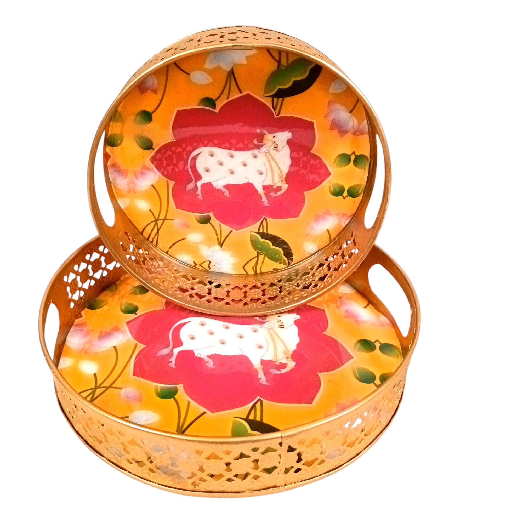 Round Serving Tray Set | Tray for Kitchen & Home Decor | Decorative Handicraft Tray | Beautiful Diwali Gift | Elegant Tray Set for Dining- 10 Inch (Set Of 2) - Apkamart