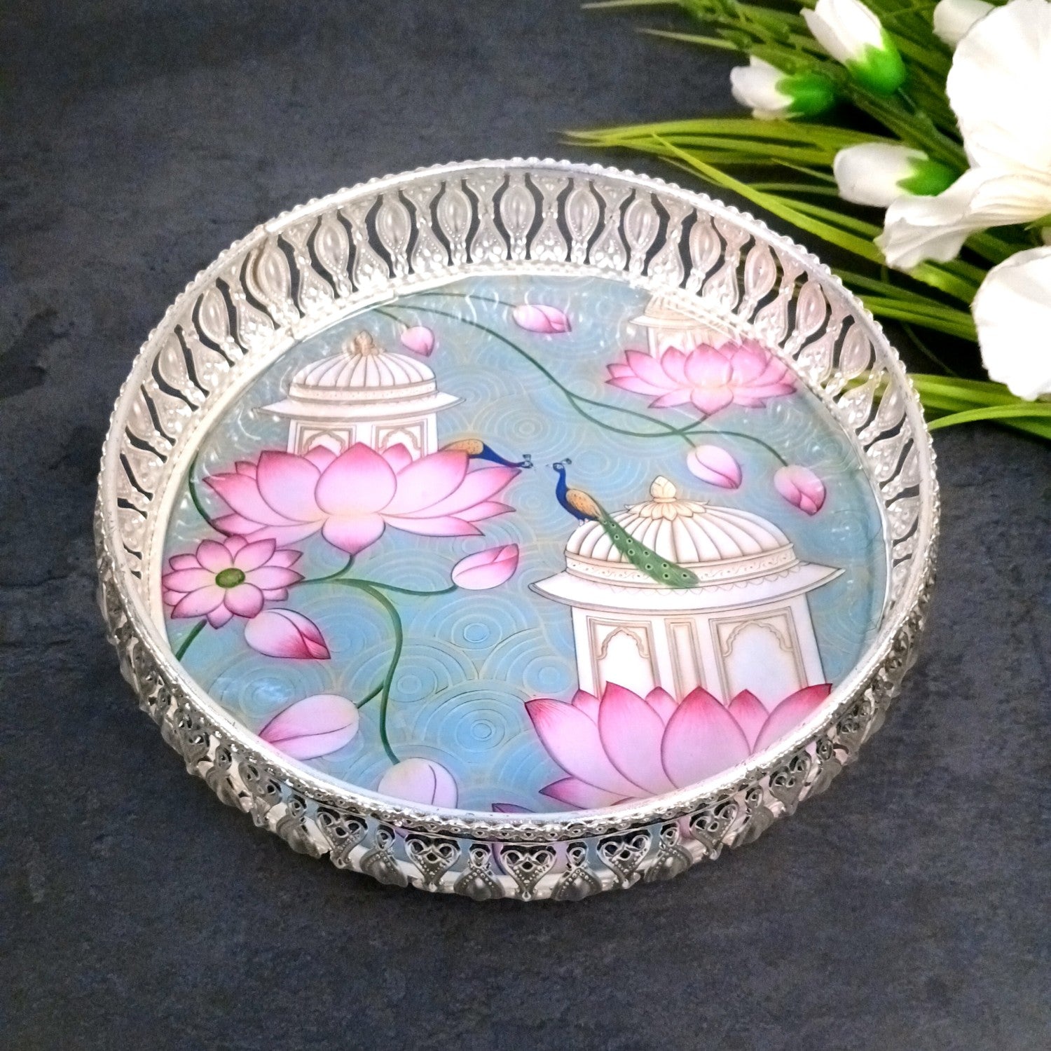 Round Serving Tray | Tray for Kitchen & Home Decor | Lotus Design| Handcrafted Decorative Tray | Beautiful Tray for Dining & Center Table - 8 Inch - Apkamart