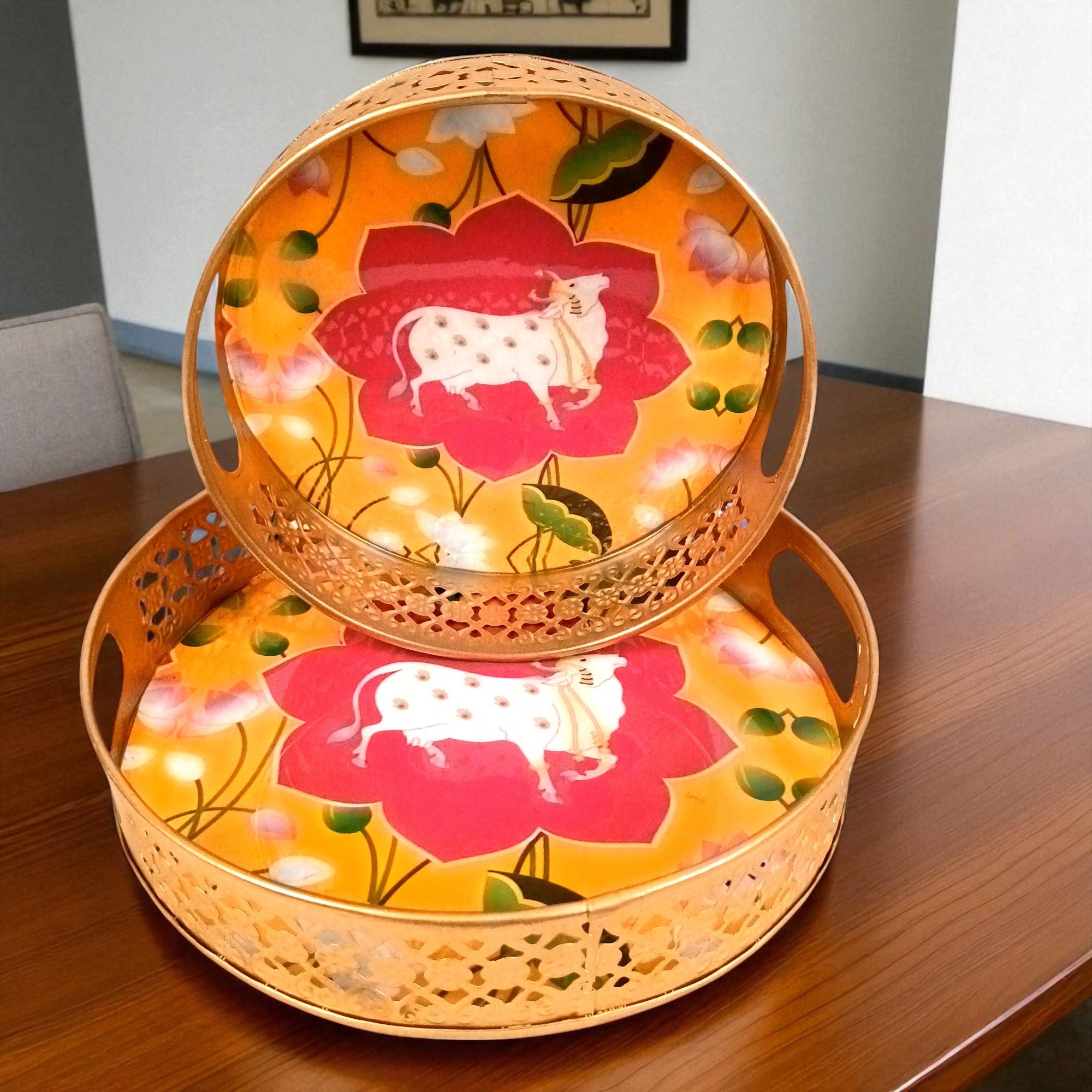 Round Serving Tray Set | Tray for Kitchen & Home Decor | Decorative Handicraft Tray | Beautiful Diwali Gift | Elegant Tray Set for Dining- 10 Inch (Set Of 2) - Apkamart
