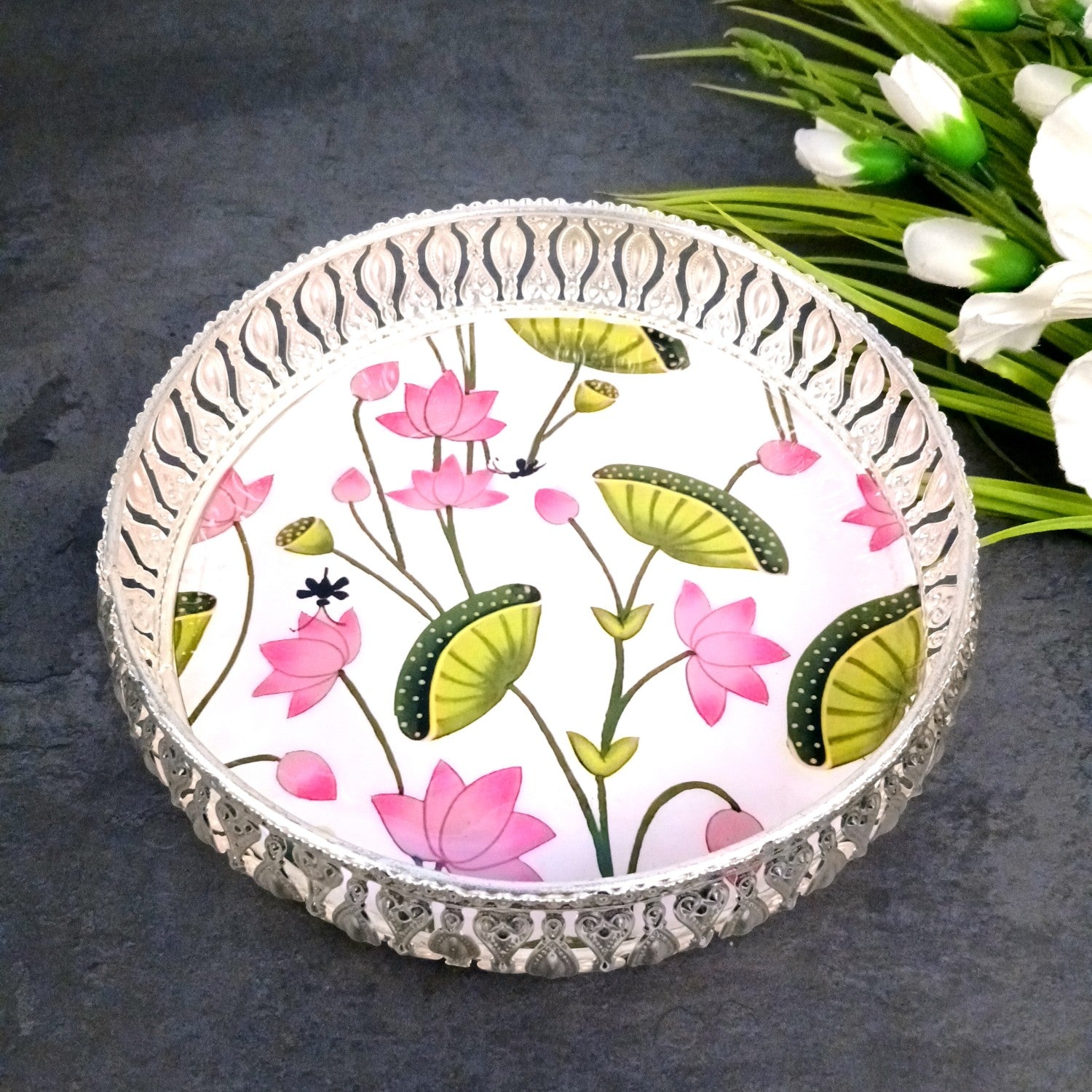 Round Serving Tray | Tray for Kitchen & Home Decor | Handcrafted Decorative Tray | Beautiful Tray for Dining & Center Table - 8 Inch - Apkamart