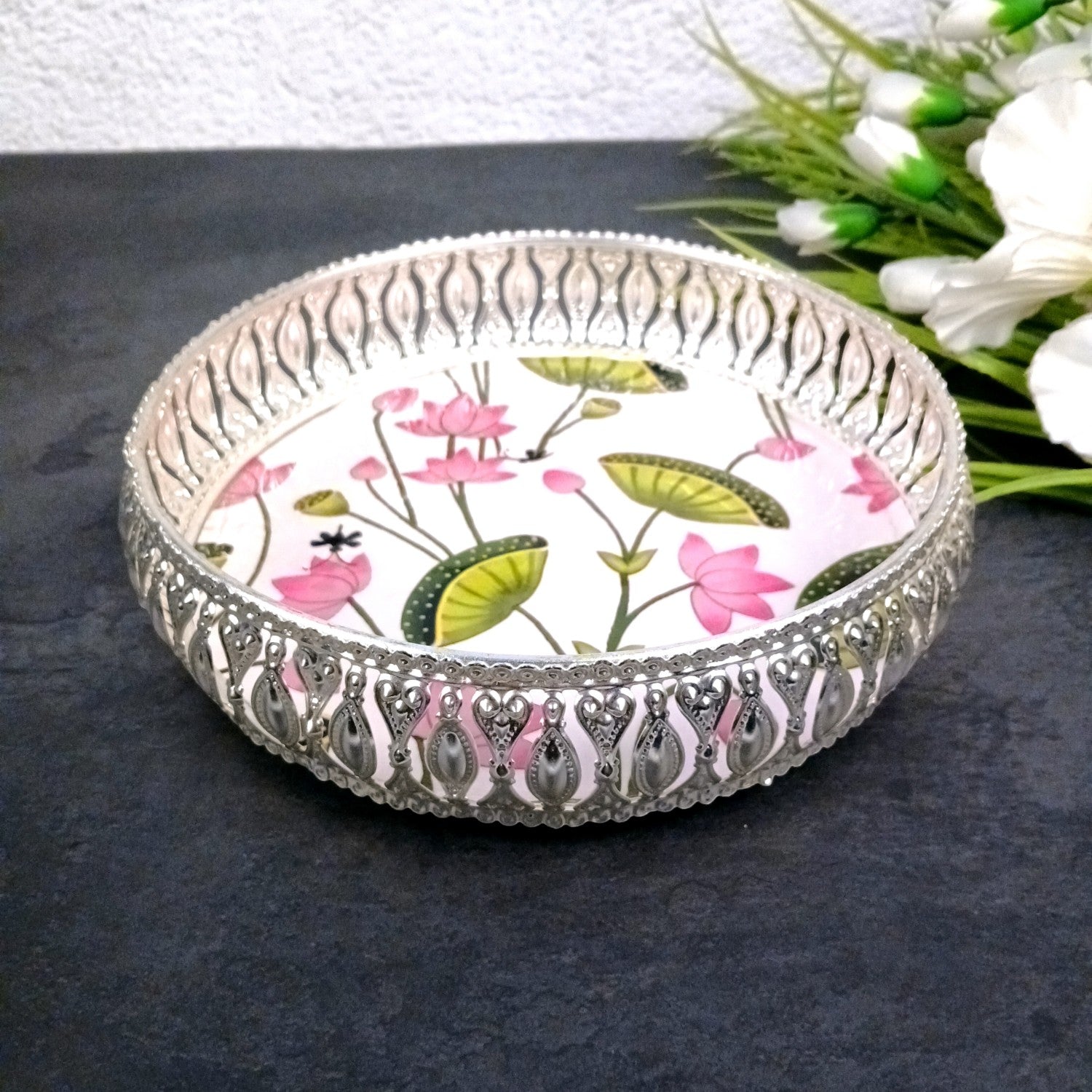 Round Serving Tray | Tray for Kitchen & Home Decor | Handcrafted Decorative Tray | Beautiful Tray for Dining & Center Table - 8 Inch - Apkamart