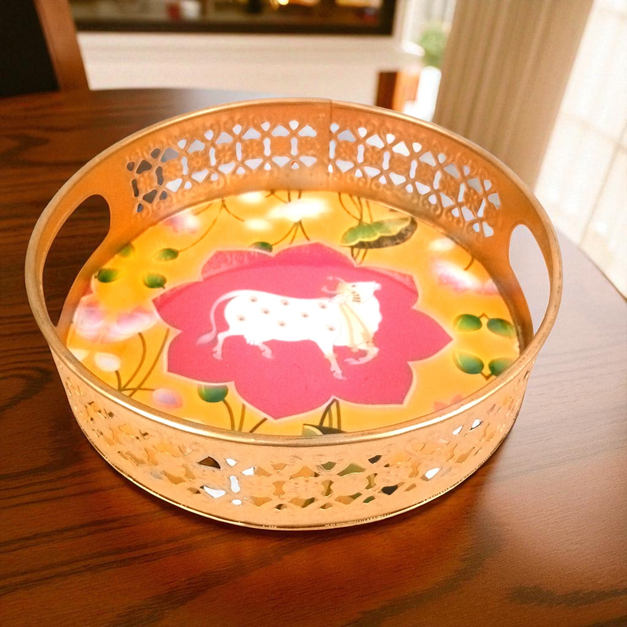 Round Serving Tray Set | Tray for Kitchen & Home Decor | Decorative Handicraft Tray | Beautiful Diwali Gift | Elegant Tray Set for Dining- 10 Inch (Set Of 2) - Apkamart