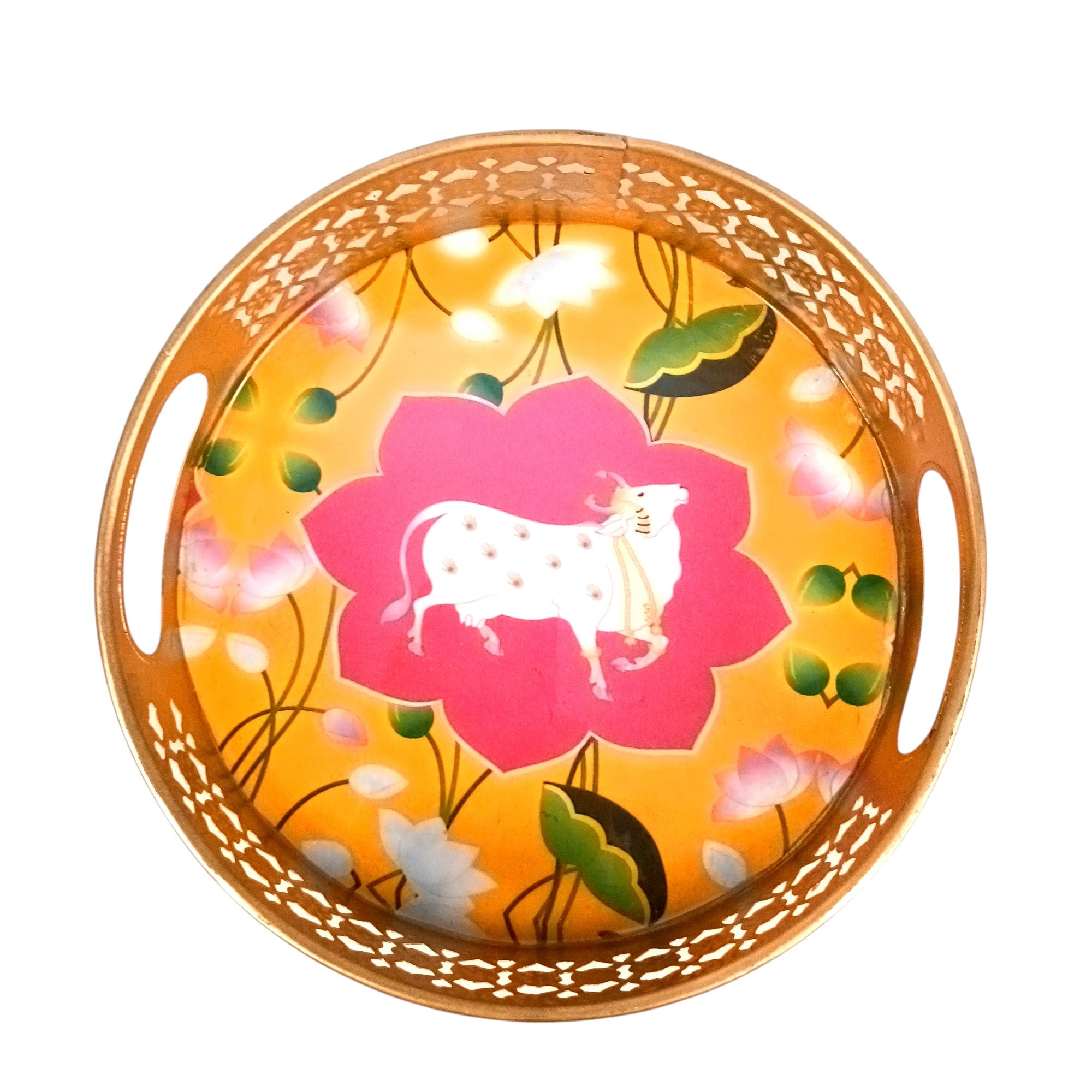 Round Serving Tray Set | Tray for Kitchen & Home Decor | Decorative Handicraft Tray | Beautiful Diwali Gift | Elegant Tray Set for Dining- 10 Inch (Set Of 2) - Apkamart