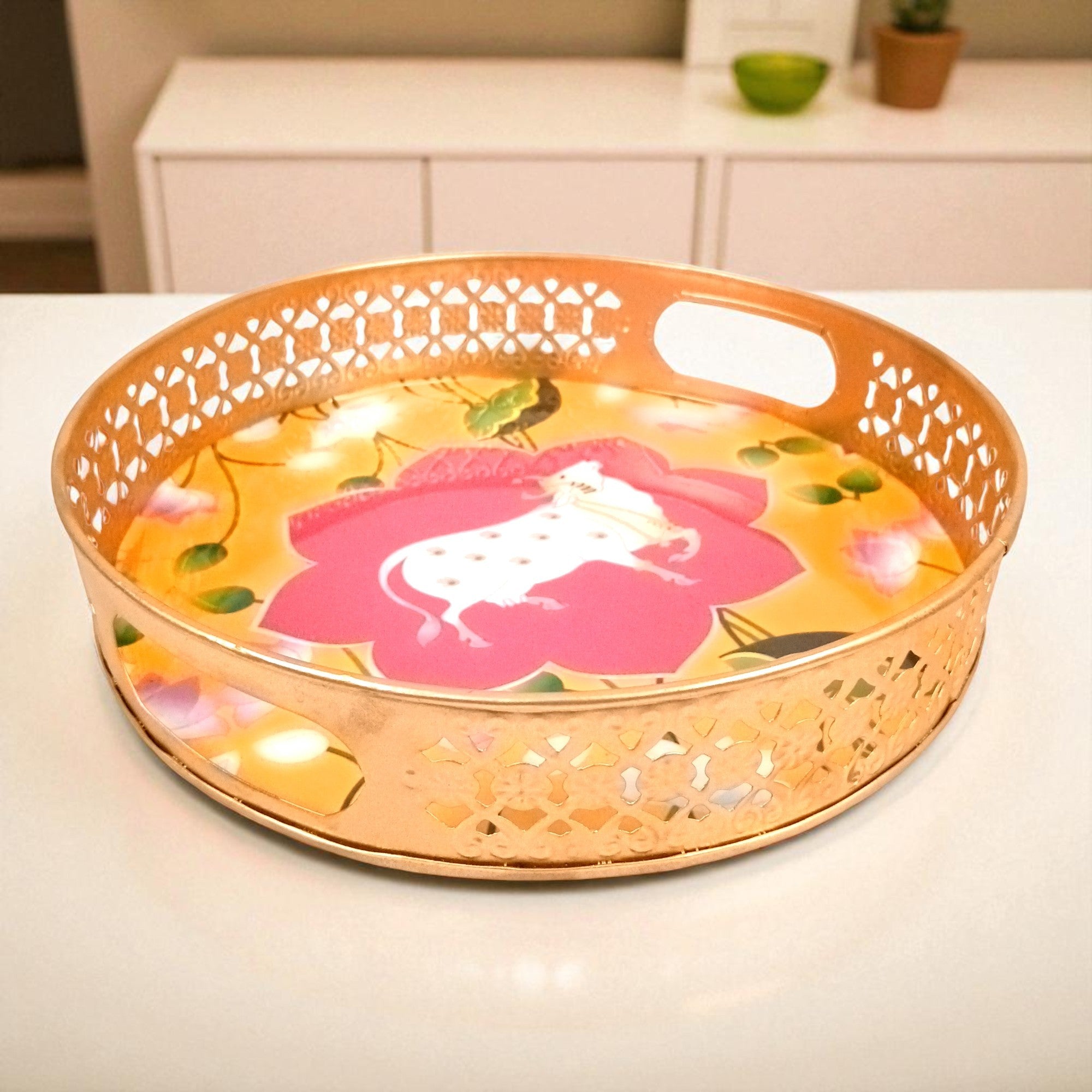 Round Serving Tray Set | Tray for Kitchen & Home Decor | Decorative Handicraft Tray | Beautiful Diwali Gift | Elegant Tray Set for Dining- 10 Inch (Set Of 2) - Apkamart
