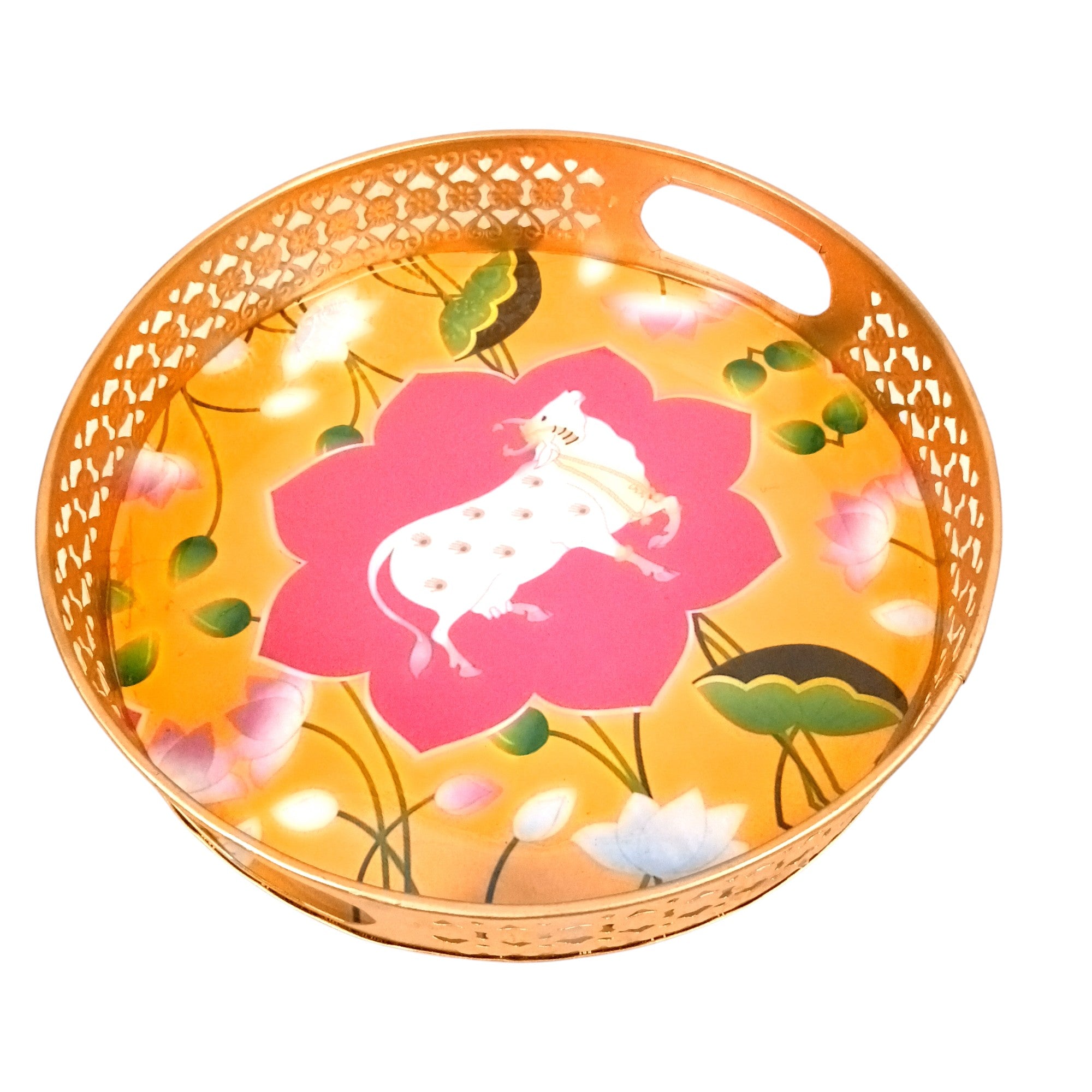 Round Serving Tray Set | Tray for Kitchen & Home Decor | Decorative Handicraft Tray | Beautiful Diwali Gift | Elegant Tray Set for Dining- 10 Inch (Set Of 2) - Apkamart