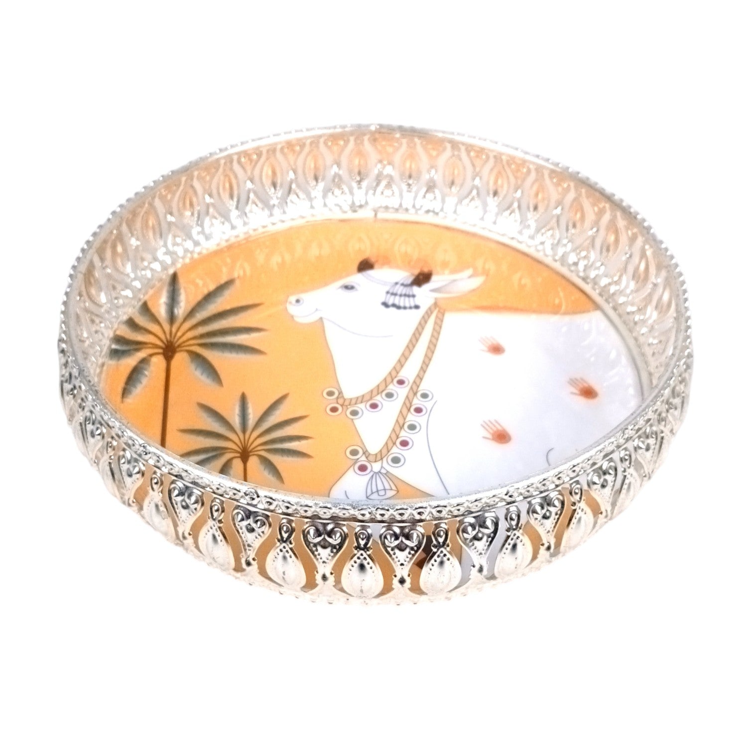 Round Serving Tray | Tray for Kitchen & Home Decor | Handcrafted Decorative Tray | Beautiful Tray for Dining & Center Table | Ideal For Diwali Gift - 8 Inch - Apkamart