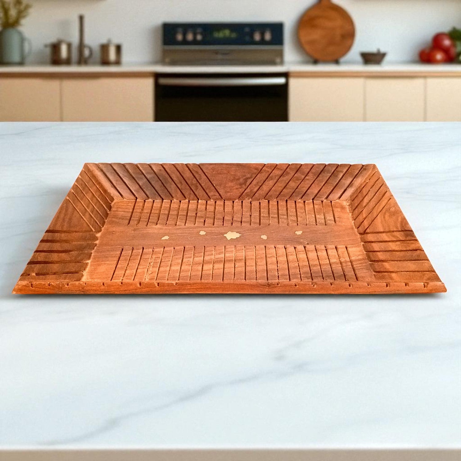 Wooden Tray | Serving Trays For Tea, Coffee & Snacks | Multipurpose Decorative Tray & Platters - For Home, Dining Table Organization, Kitchen & Gifts - 14 Inch (Pack of 2) - Apkamart