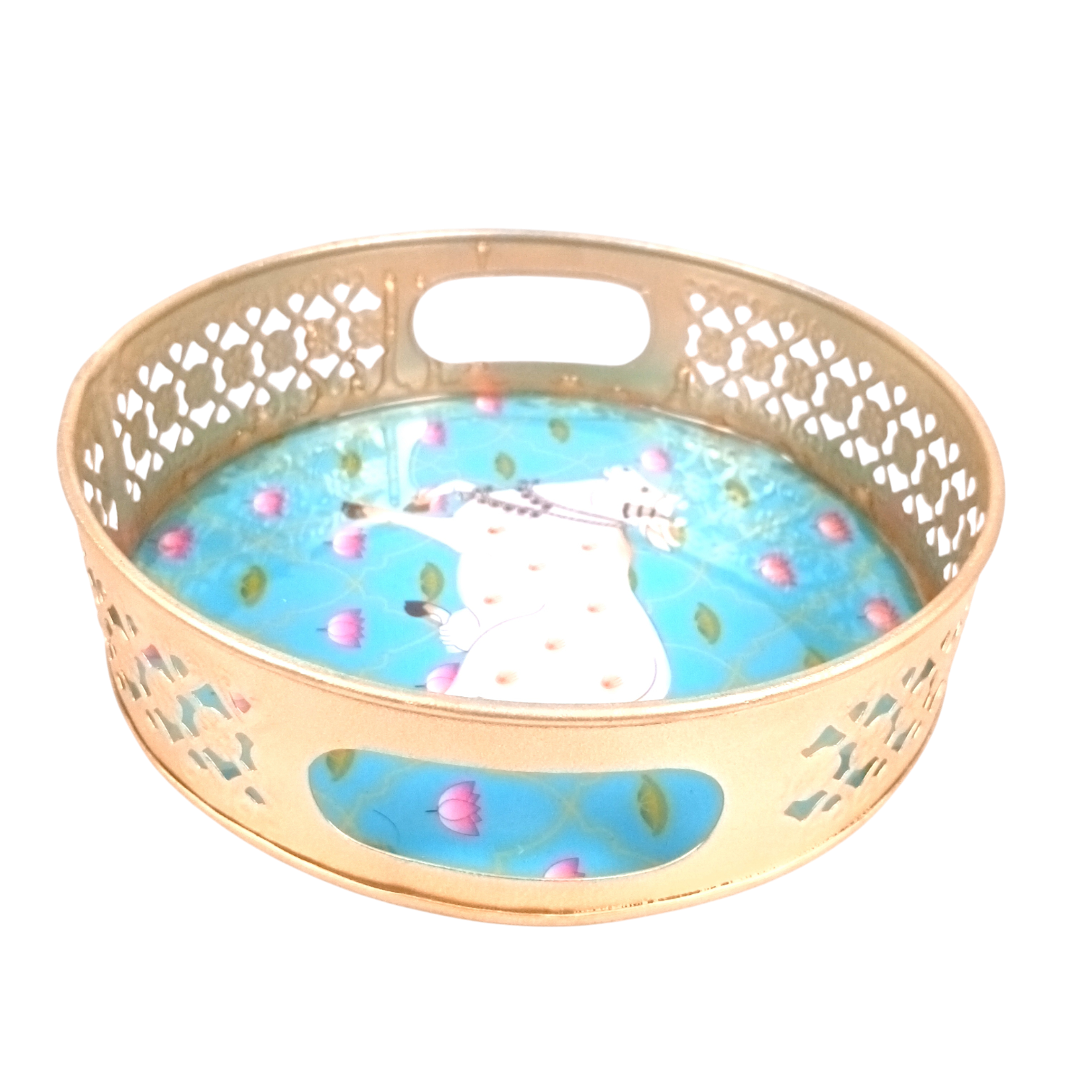 Pichwai Art Round Metal Tray | Decorative Metal Serving Tray for Home, Kitchen & Table Décor | Traditional Handmade Round Tray for Festive & Gifting Use - 8 Inch - Apkamart 