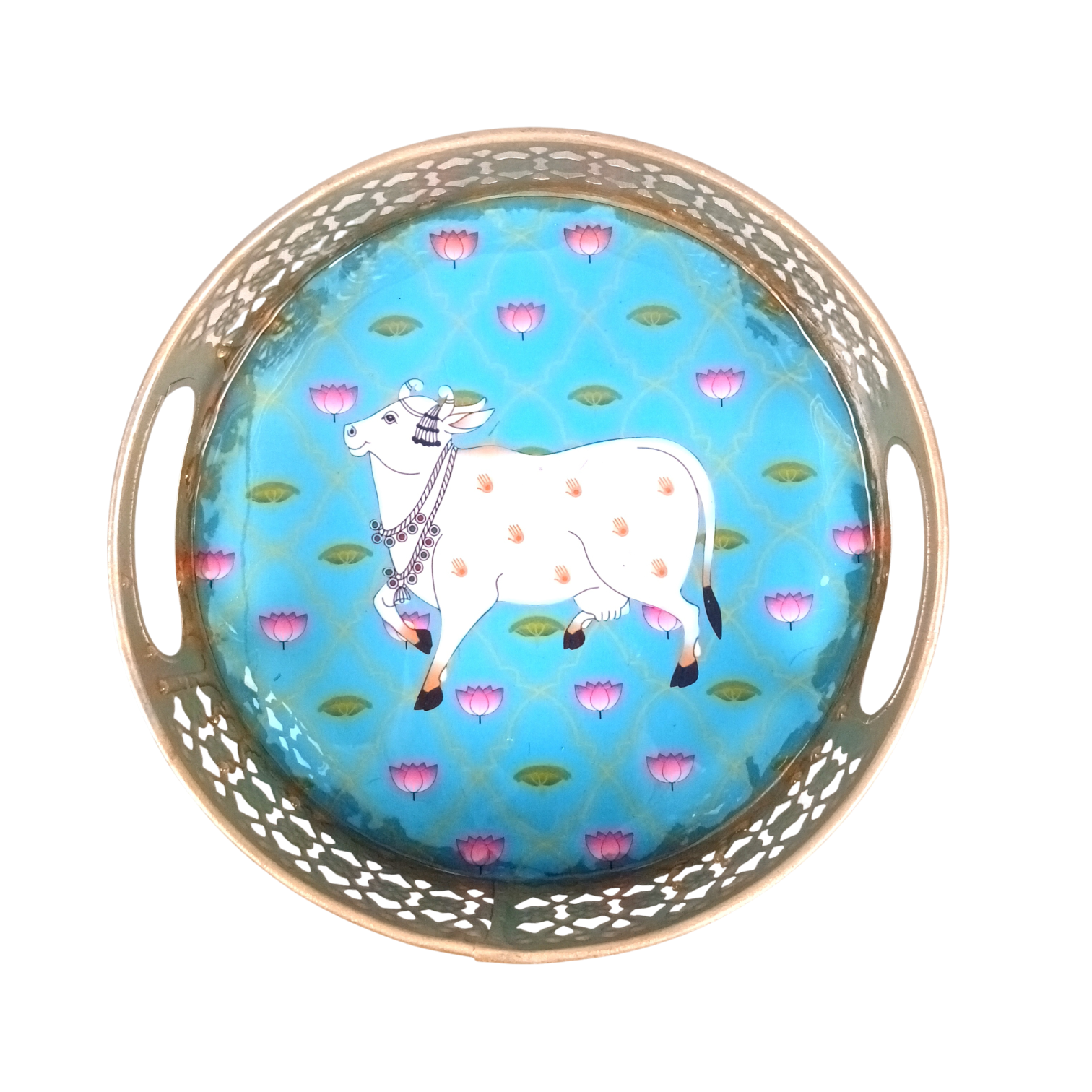 Pichwai Art Round Metal Tray | Decorative Metal Serving Tray for Home, Kitchen & Table Décor | Traditional Handmade Round Tray for Festive & Gifting Use - 8 Inch - Apkamart 