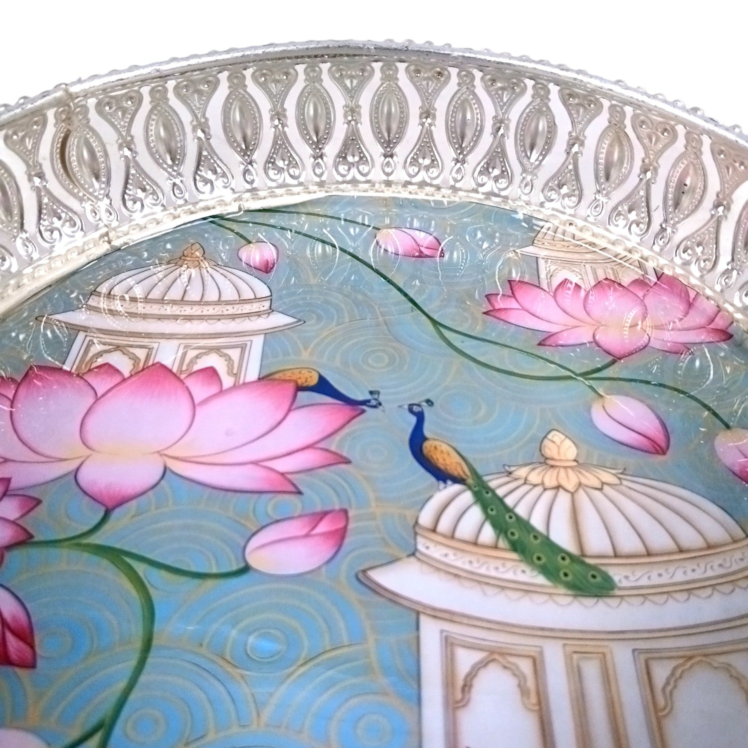 Round Serving Tray | Tray for Kitchen & Home Decor | Lotus Design| Handcrafted Decorative Tray | Beautiful Tray for Dining & Center Table - 8 Inch - Apkamart