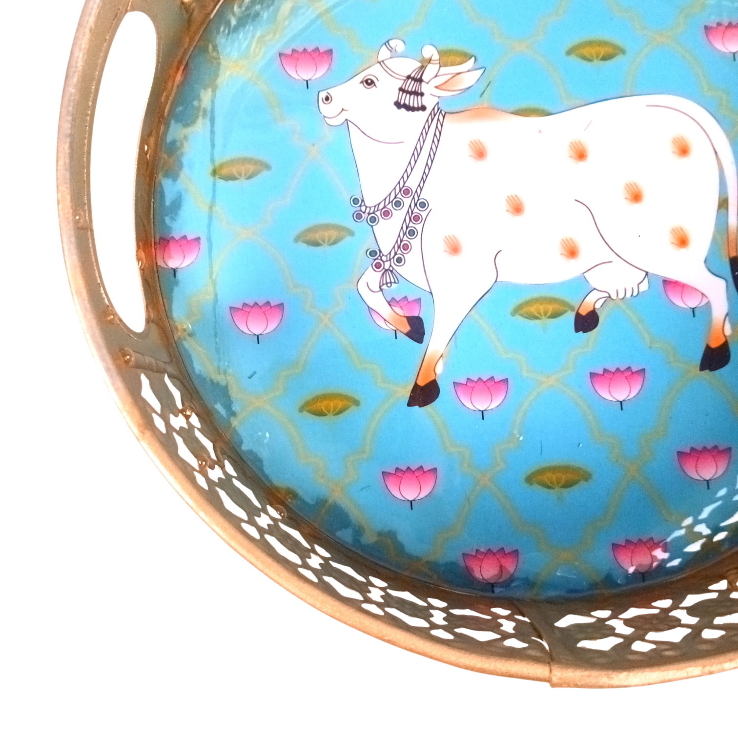Pichwai Art Round Metal Tray | Decorative Metal Serving Tray for Home, Kitchen & Table Décor | Traditional Handmade Round Tray for Festive & Gifting Use - 8 Inch - Apkamart 