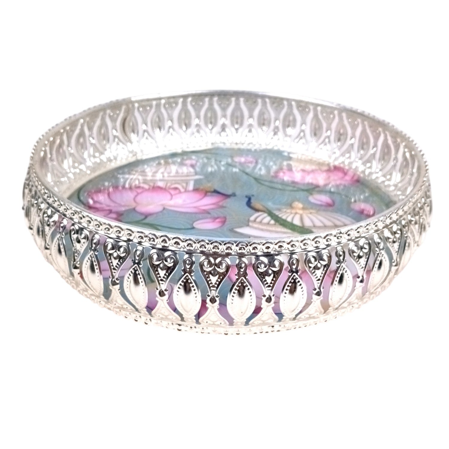 Round Serving Tray | Tray for Kitchen & Home Decor | Lotus Design| Handcrafted Decorative Tray | Beautiful Tray for Dining & Center Table - 8 Inch - Apkamart