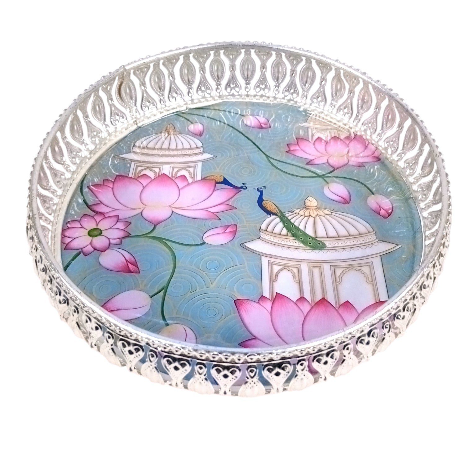 Round Serving Tray | Tray for Kitchen & Home Decor | Lotus Design| Handcrafted Decorative Tray | Beautiful Tray for Dining & Center Table - 8 Inch - Apkamart