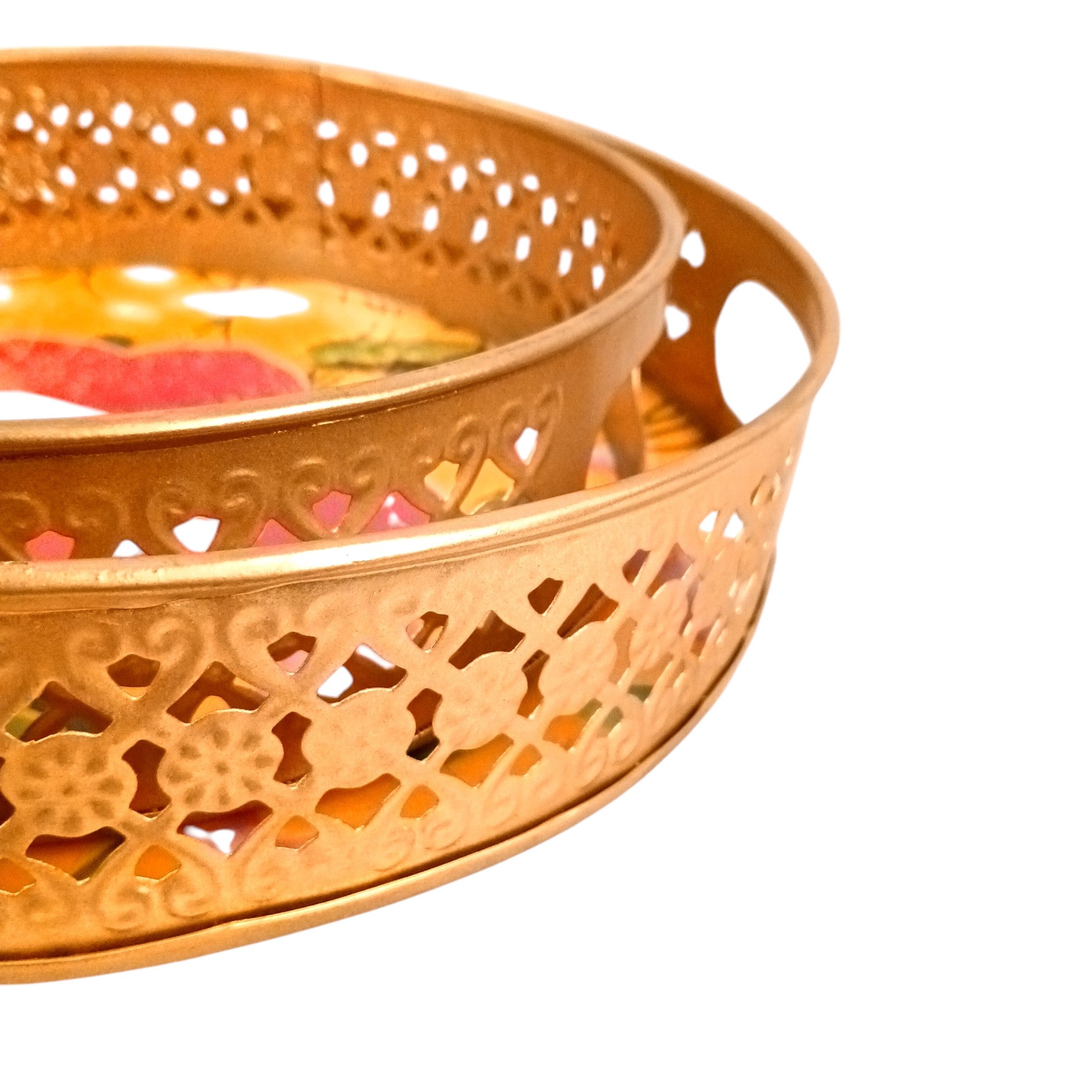 Round Serving Tray Set | Tray for Kitchen & Home Decor | Decorative Handicraft Tray | Beautiful Diwali Gift | Elegant Tray Set for Dining- 10 Inch (Set Of 2) - Apkamart