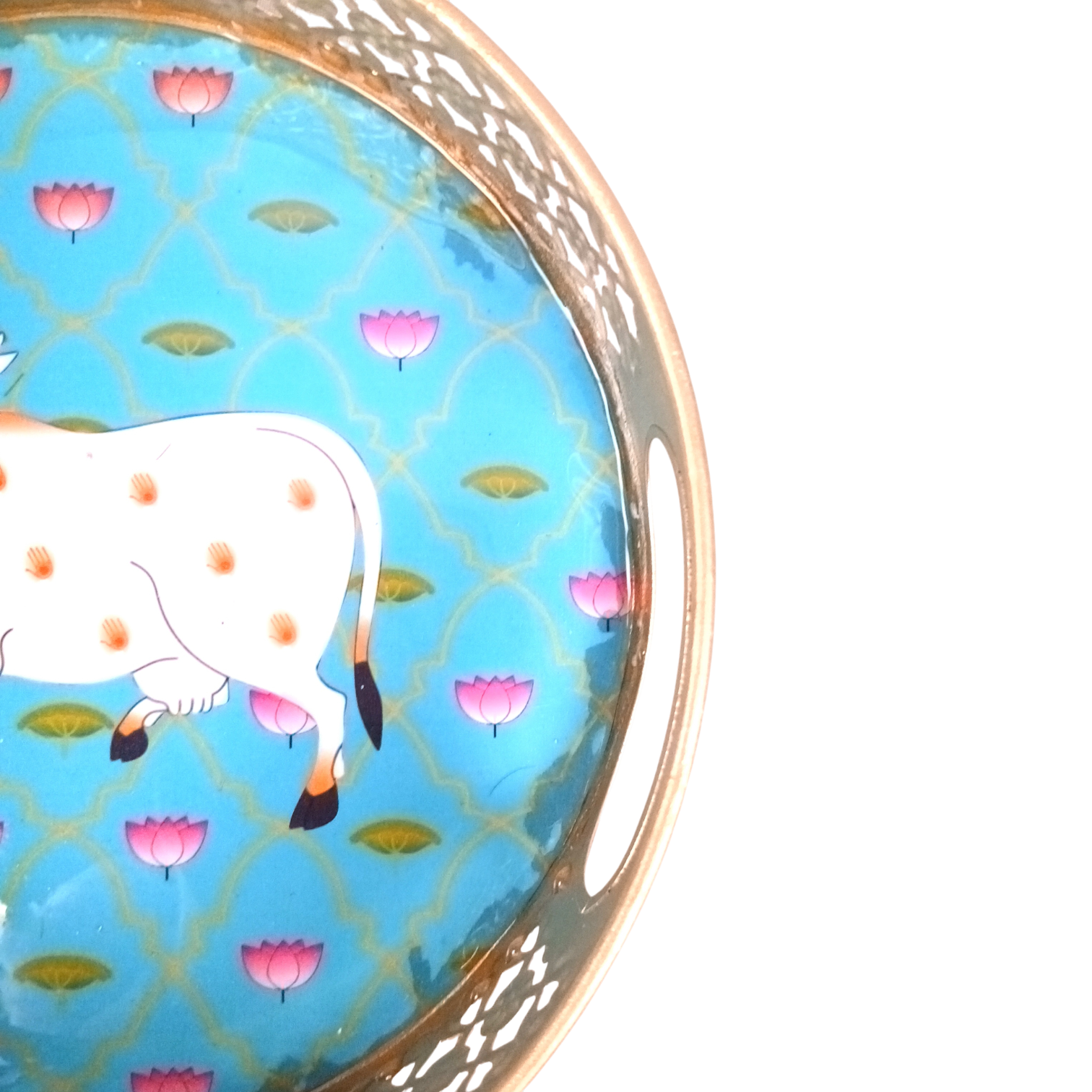 Pichwai Art Round Metal Tray | Decorative Metal Serving Tray for Home, Kitchen & Table Décor | Traditional Handmade Round Tray for Festive & Gifting Use - 8 Inch - Apkamart 