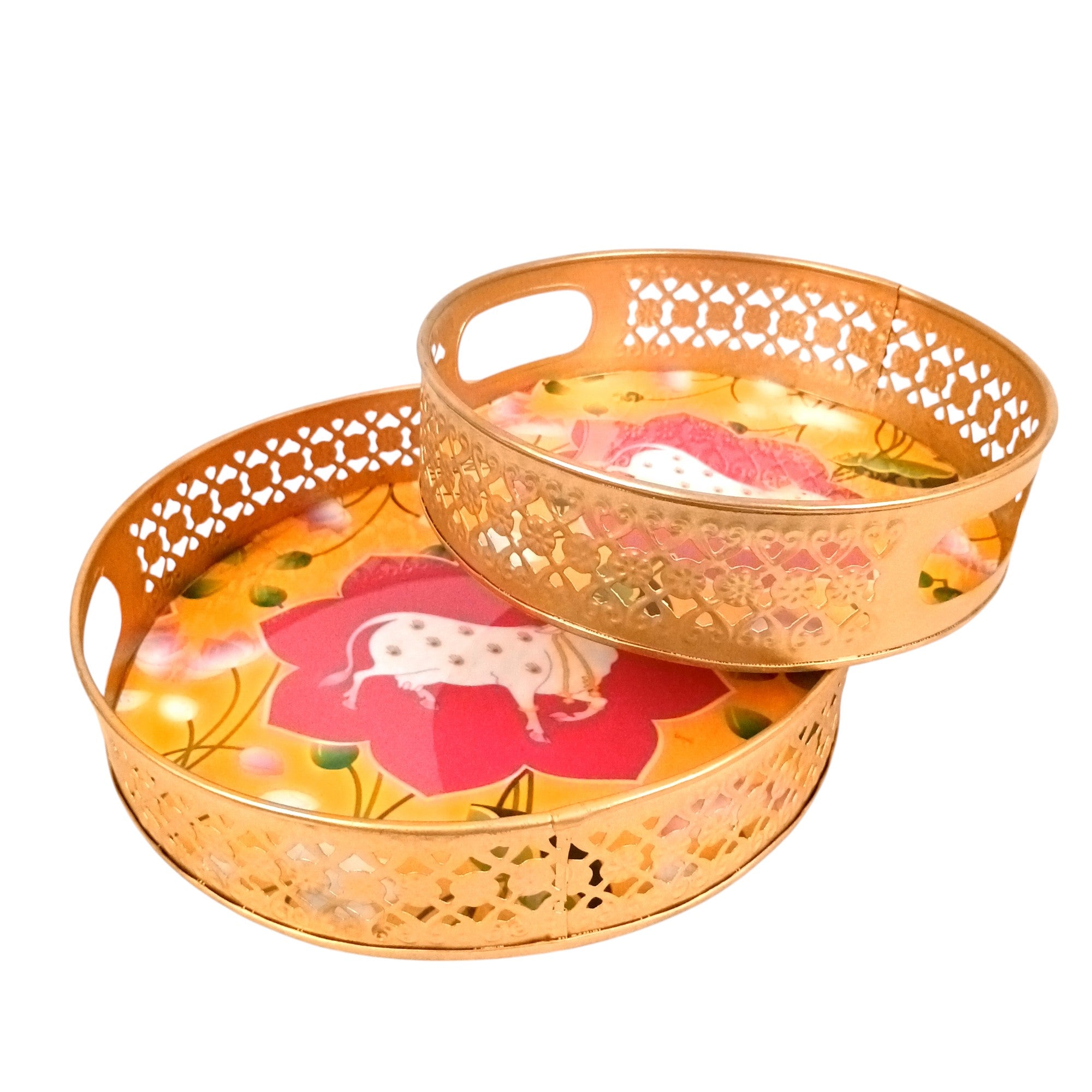 Round Serving Tray Set | Tray for Kitchen & Home Decor | Decorative Handicraft Tray | Beautiful Diwali Gift | Elegant Tray Set for Dining- 10 Inch (Set Of 2) - Apkamart