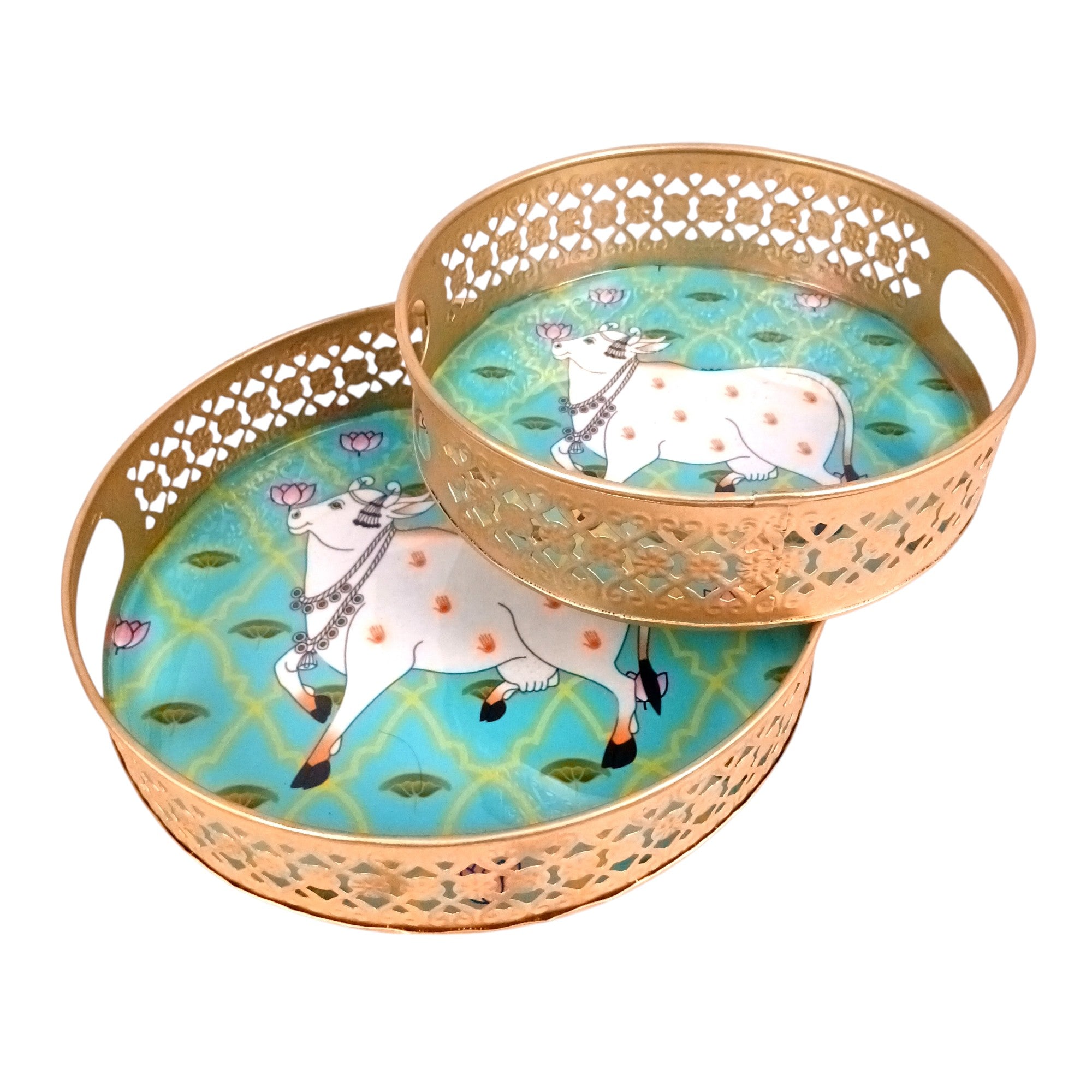 Round Serving Tray Set | Tray for Kitchen & Home Decor | Decorative Handicraft Tray | Beautiful Diwali Gift | Elegant Tray Set for Dining- 10 Inch (Set Of 2) - Apkamart