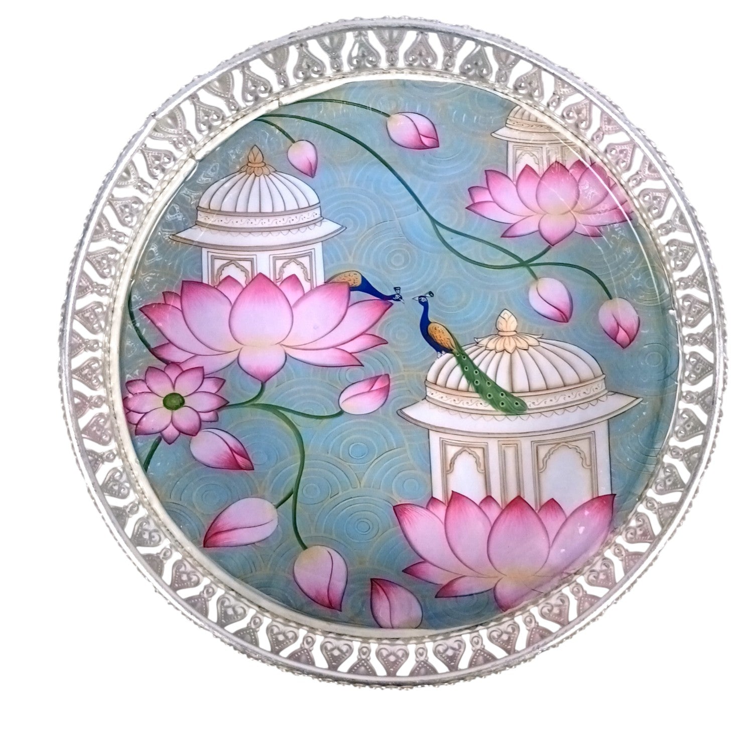 Round Serving Tray | Tray for Kitchen & Home Decor | Lotus Design| Handcrafted Decorative Tray | Beautiful Tray for Dining & Center Table - 8 Inch - Apkamart