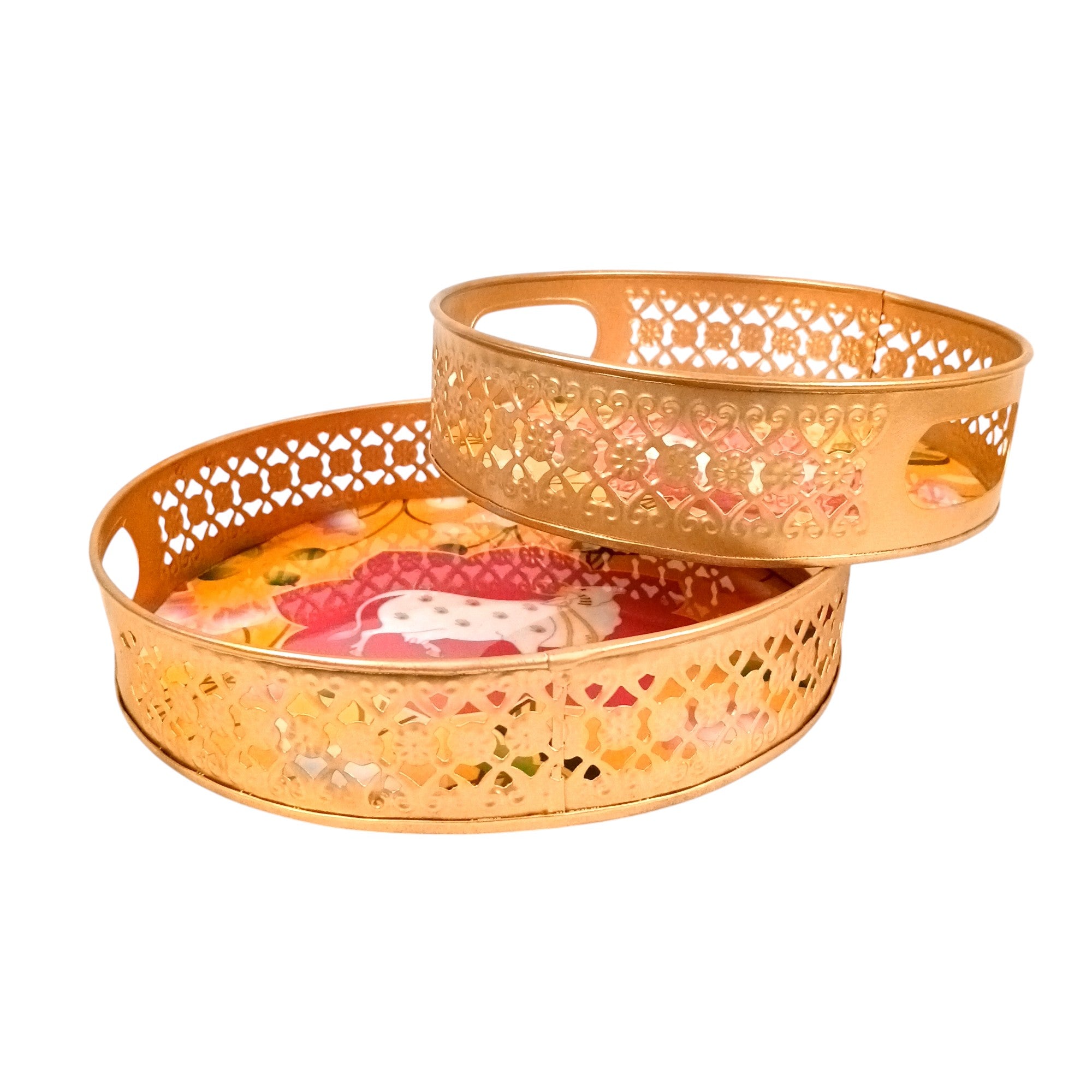 Round Serving Tray Set | Tray for Kitchen & Home Decor | Decorative Handicraft Tray | Beautiful Diwali Gift | Elegant Tray Set for Dining- 10 Inch (Set Of 2) - Apkamart