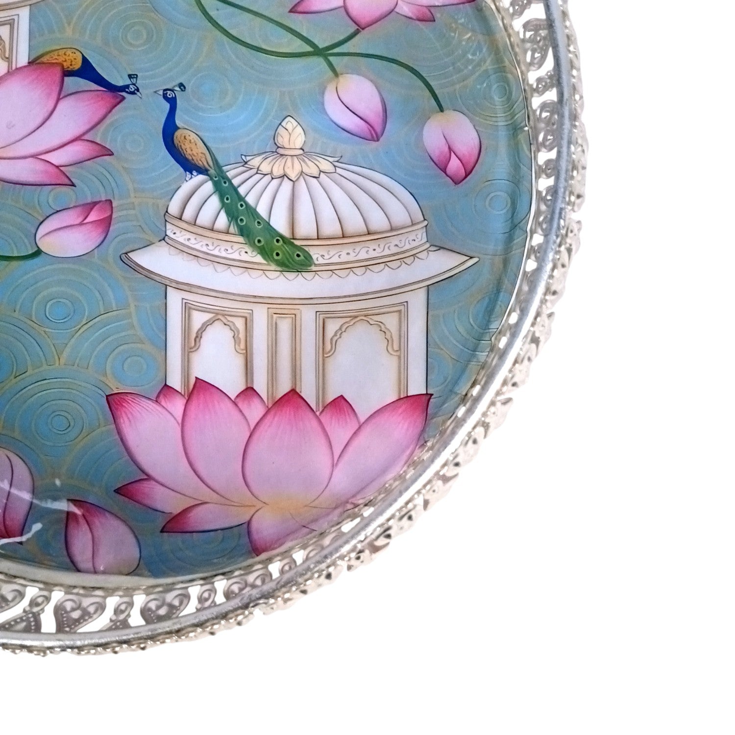Round Serving Tray | Tray for Kitchen & Home Decor | Lotus Design| Handcrafted Decorative Tray | Beautiful Tray for Dining & Center Table - 8 Inch - Apkamart