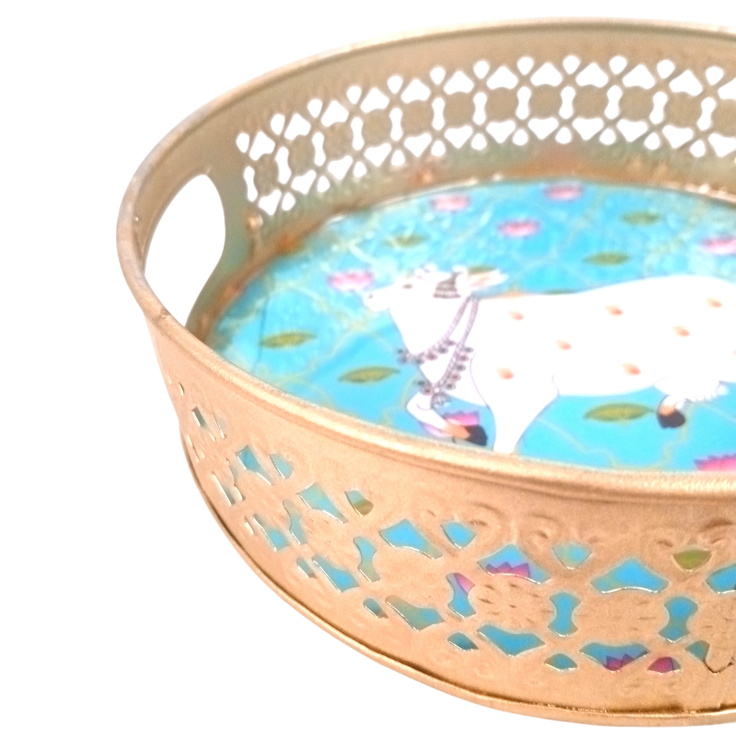 Pichwai Art Round Metal Tray | Decorative Metal Serving Tray for Home, Kitchen & Table Décor | Traditional Handmade Round Tray for Festive & Gifting Use - 8 Inch - Apkamart 