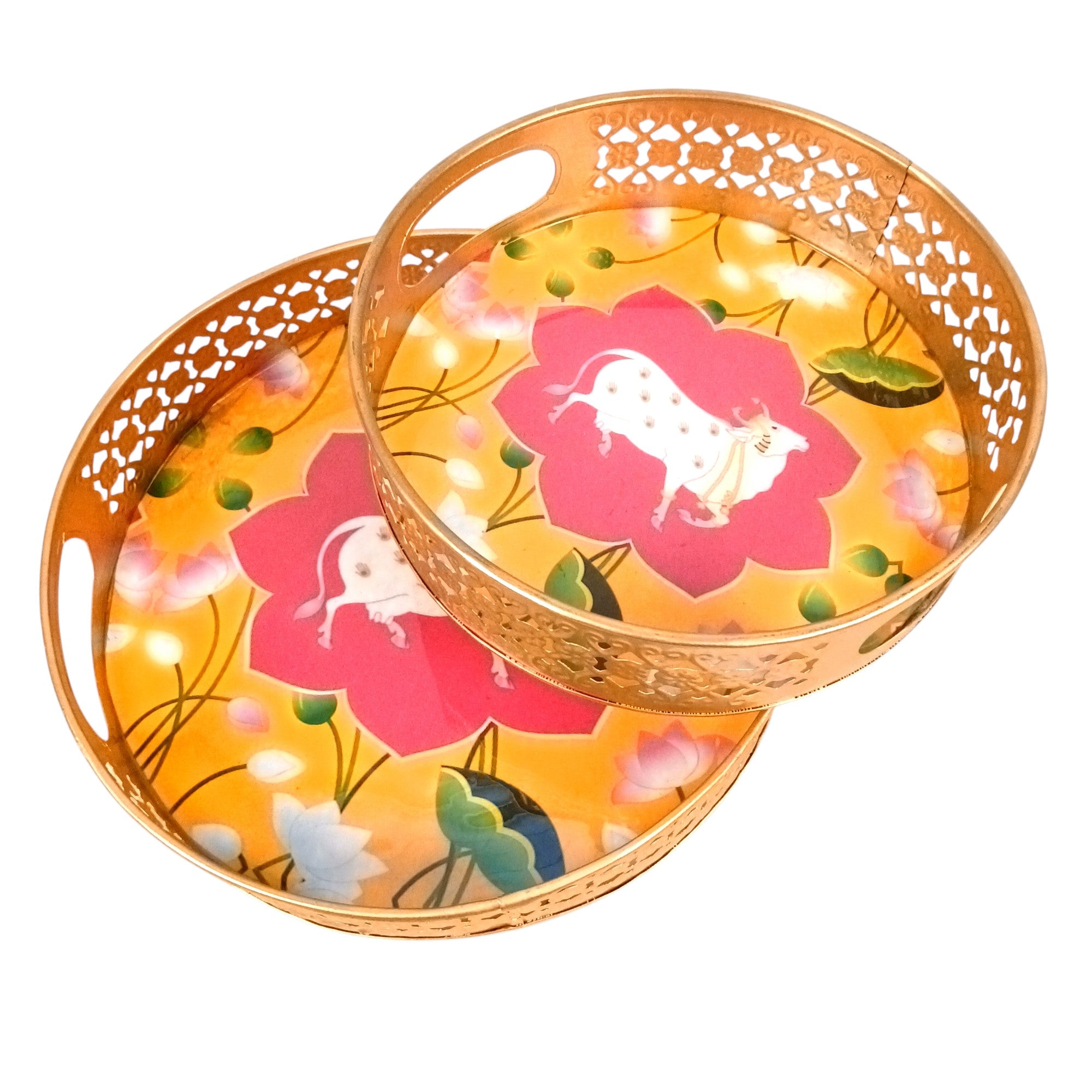 Round Serving Tray Set | Tray for Kitchen & Home Decor | Decorative Handicraft Tray | Beautiful Diwali Gift | Elegant Tray Set for Dining- 10 Inch (Set Of 2) - Apkamart
