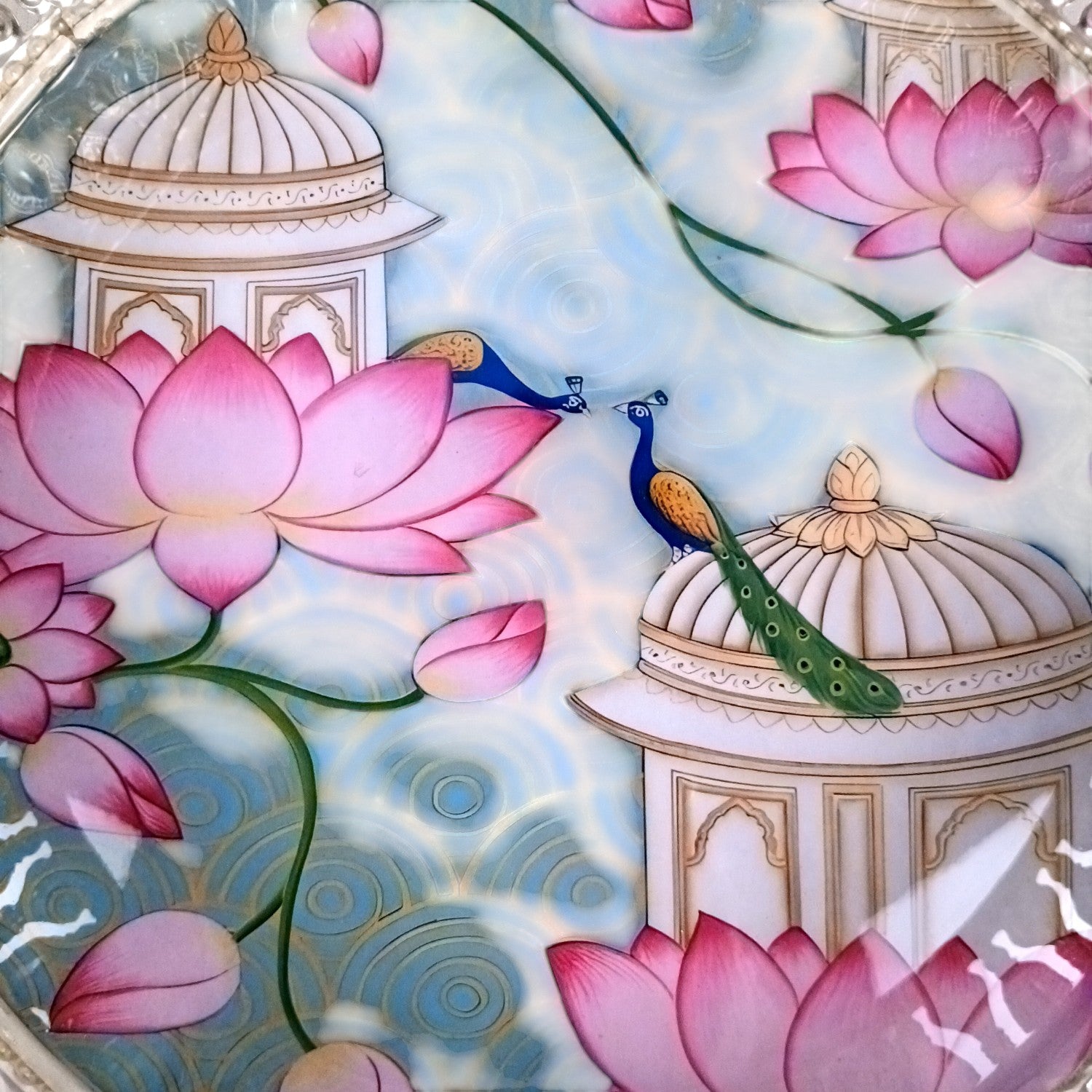 Round Serving Tray | Tray for Kitchen & Home Decor | Lotus Design| Handcrafted Decorative Tray | Beautiful Tray for Dining & Center Table - 8 Inch - Apkamart