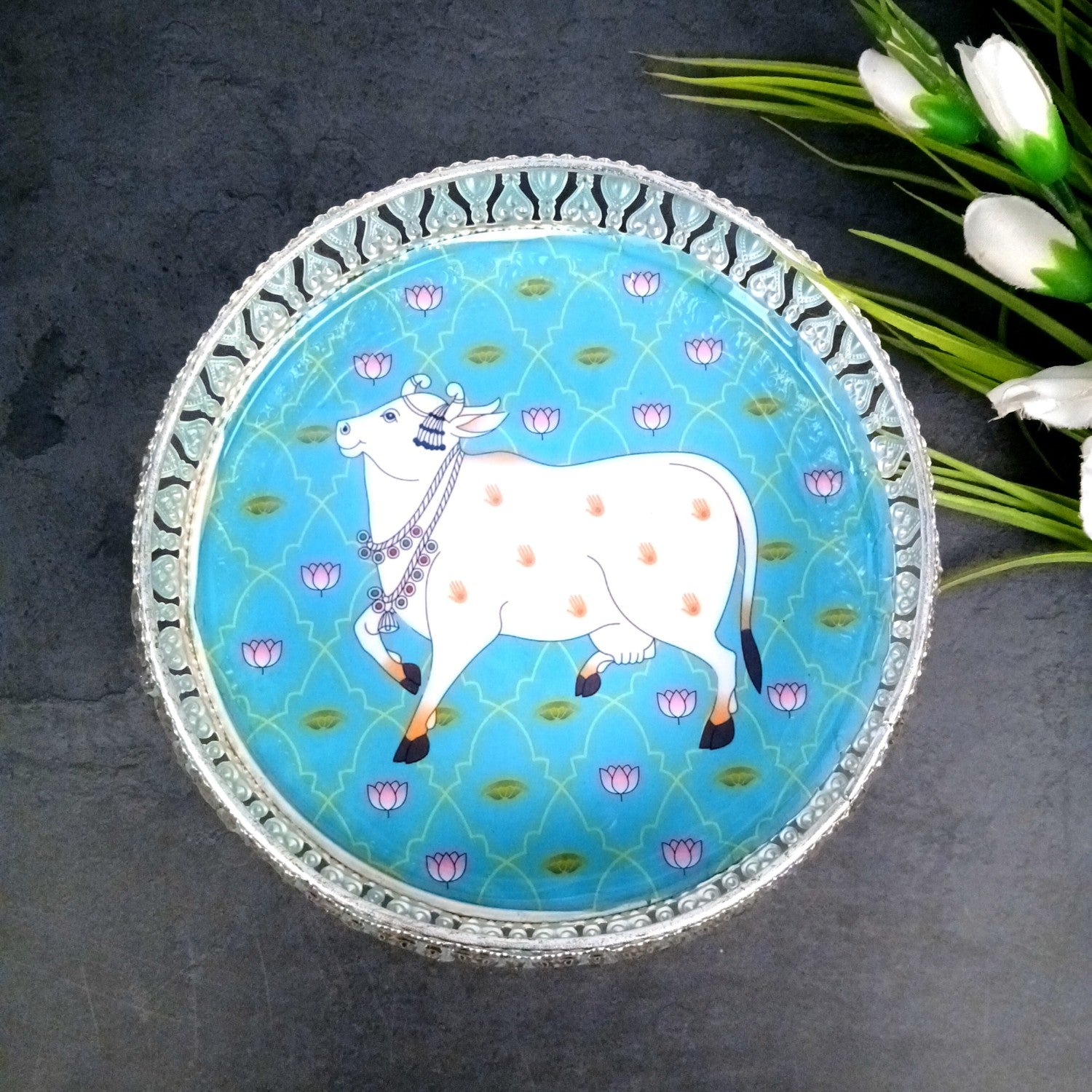Round Serving Tray| Tray for Kitchen & Home Decor | Handcrafted Decorative Tray | Beautiful Tray for Dining & Center Table - 8 Inch - Apkamart